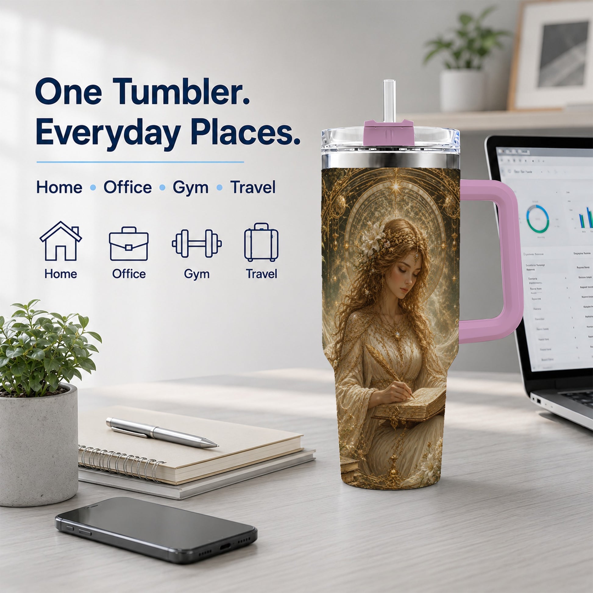 #pl[40oz|Pink] Virgo Maiden 40oz Tumbler with Handle, Celestial Zodiac Floral Art