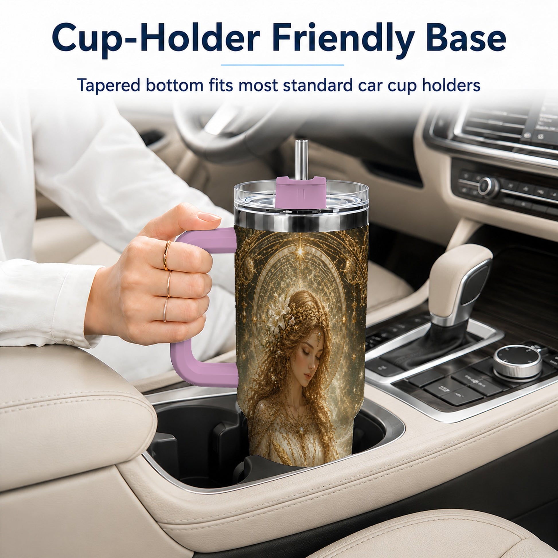 #pl[40oz|Pink] Virgo Maiden 40oz Tumbler with Handle, Celestial Zodiac Floral Art
