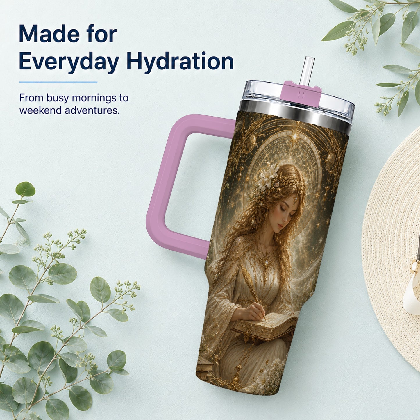 #pl[40oz|Pink] Virgo Maiden 40oz Tumbler with Handle, Celestial Zodiac Floral Art