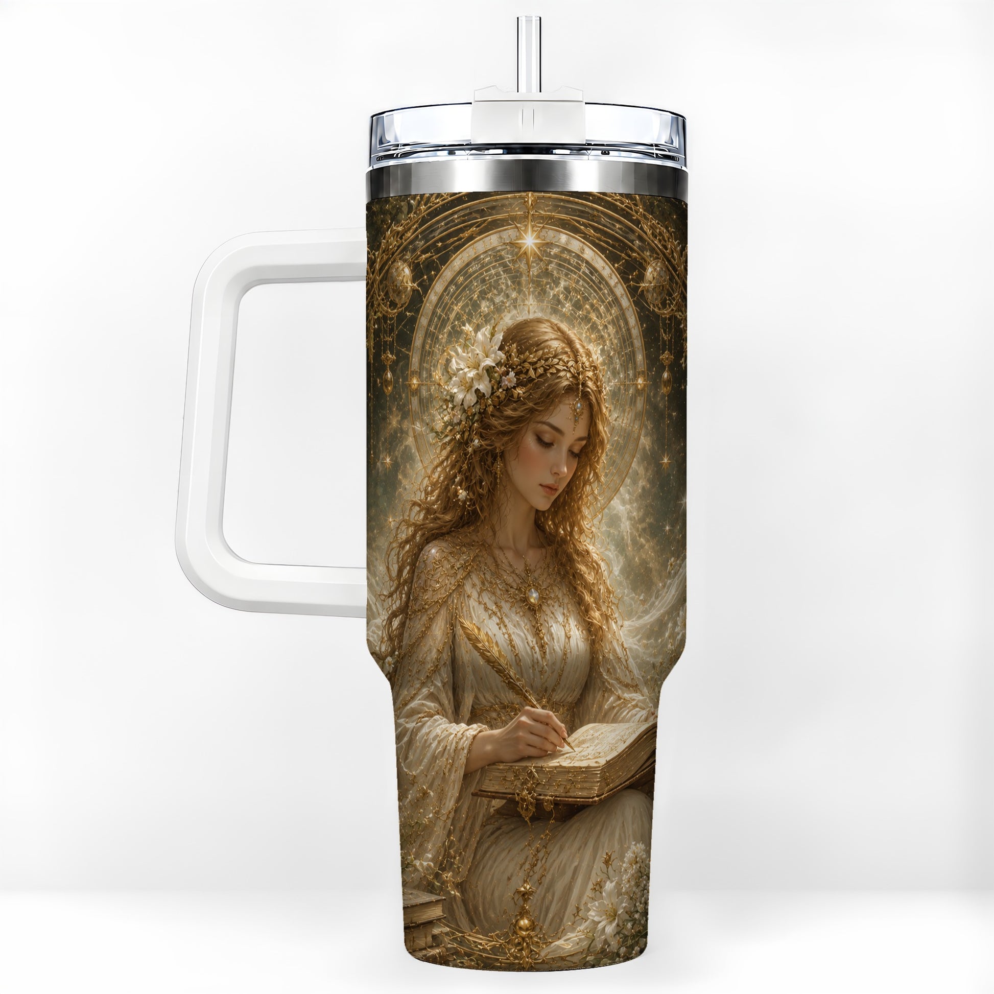 Virgo Maiden 40oz Tumbler with Handle, Celestial Zodiac Floral Art