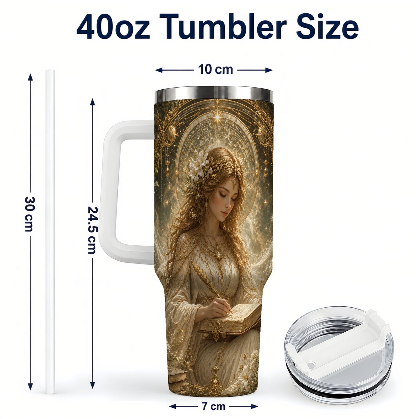 #pl[40oz|White] Virgo Maiden 40oz Tumbler with Handle, Celestial Zodiac Floral Art