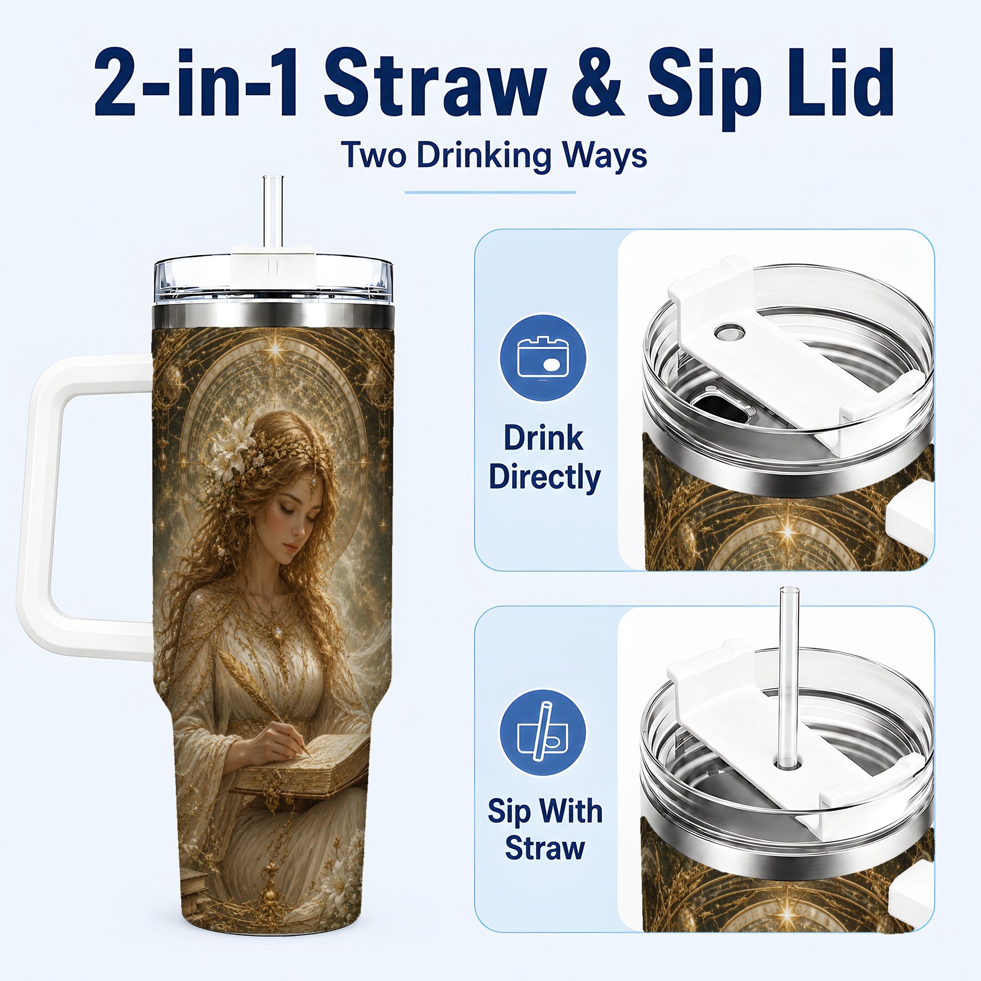 #pl[40oz|White] Virgo Maiden 40oz Tumbler with Handle, Celestial Zodiac Floral Art