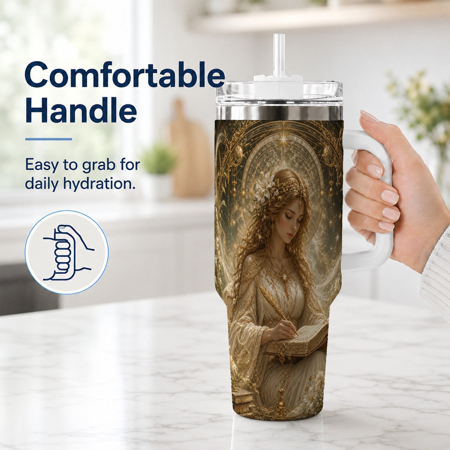 #pl[40oz|White] Virgo Maiden 40oz Tumbler with Handle, Celestial Zodiac Floral Art