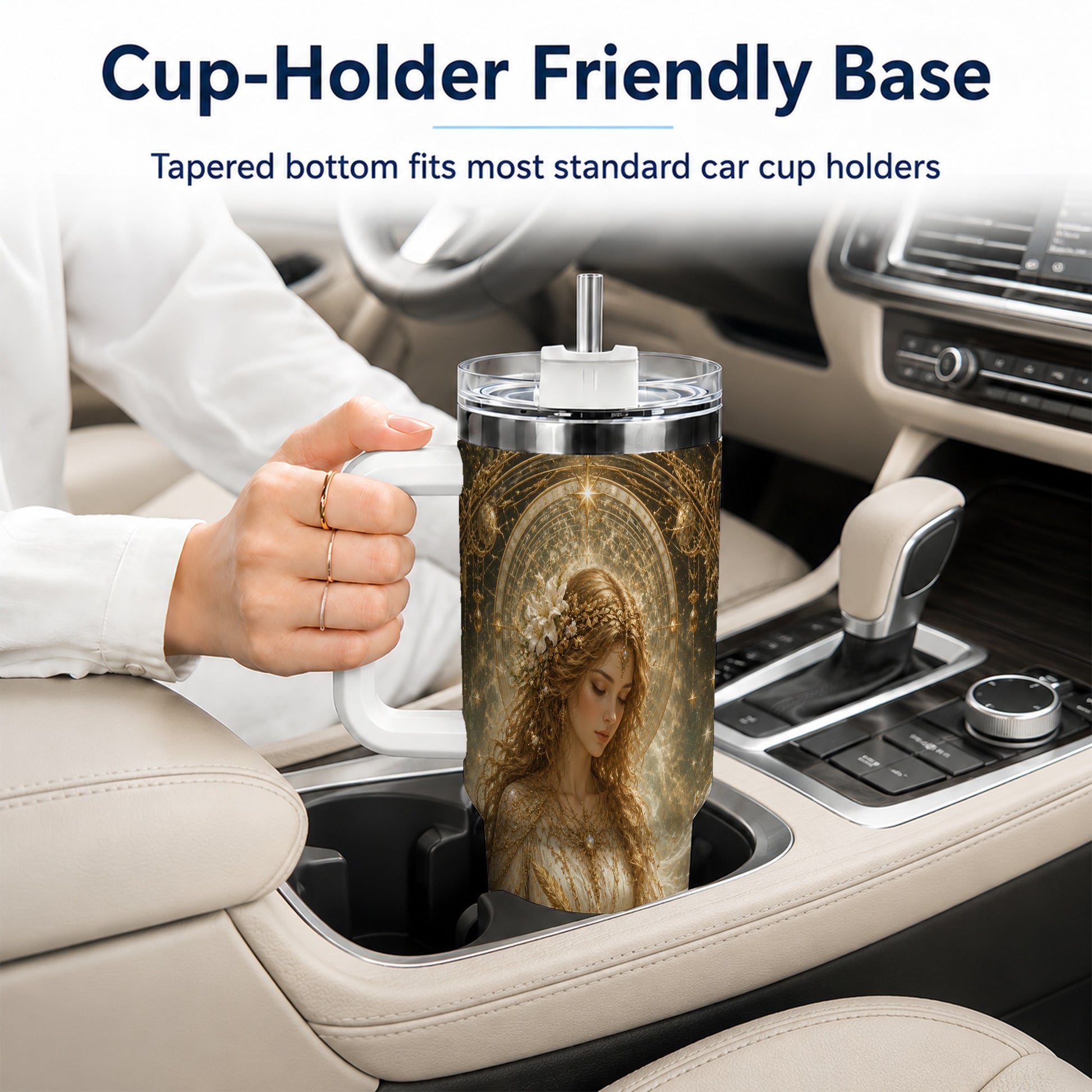 #pl[40oz|White] Virgo Maiden 40oz Tumbler with Handle, Celestial Zodiac Floral Art