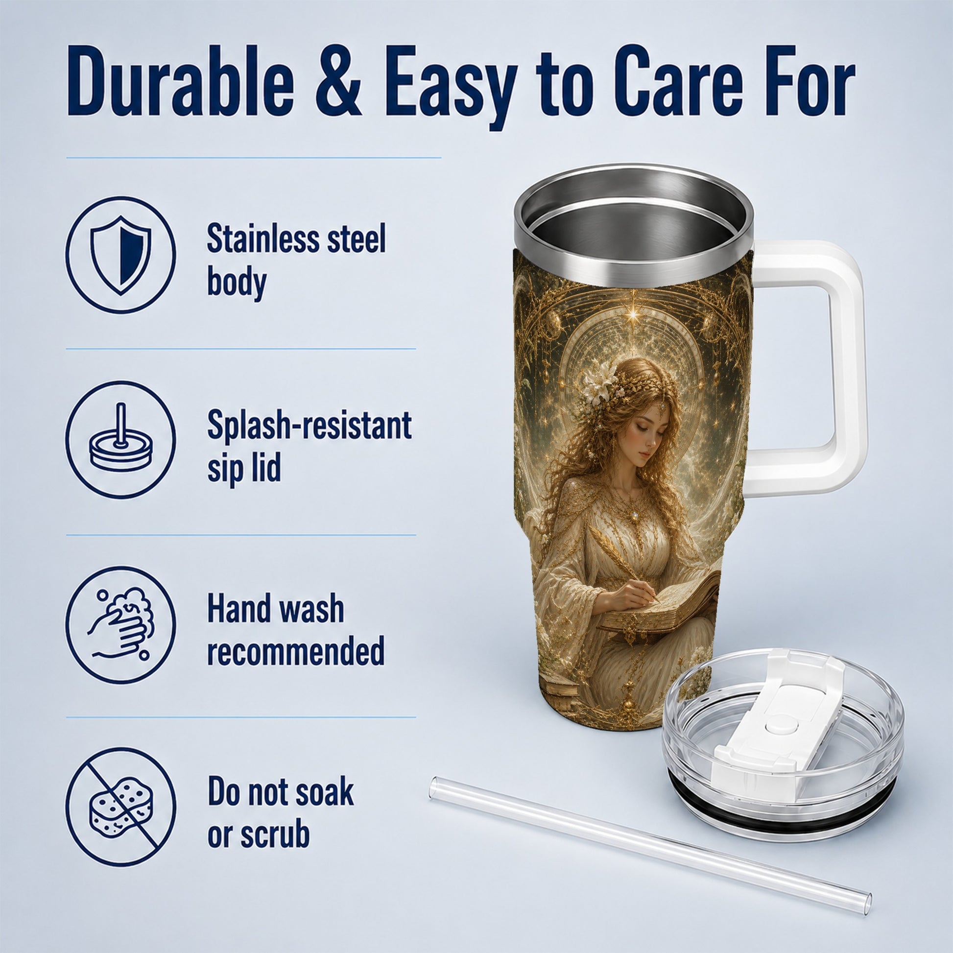 #pl[40oz|White] Virgo Maiden 40oz Tumbler with Handle, Celestial Zodiac Floral Art