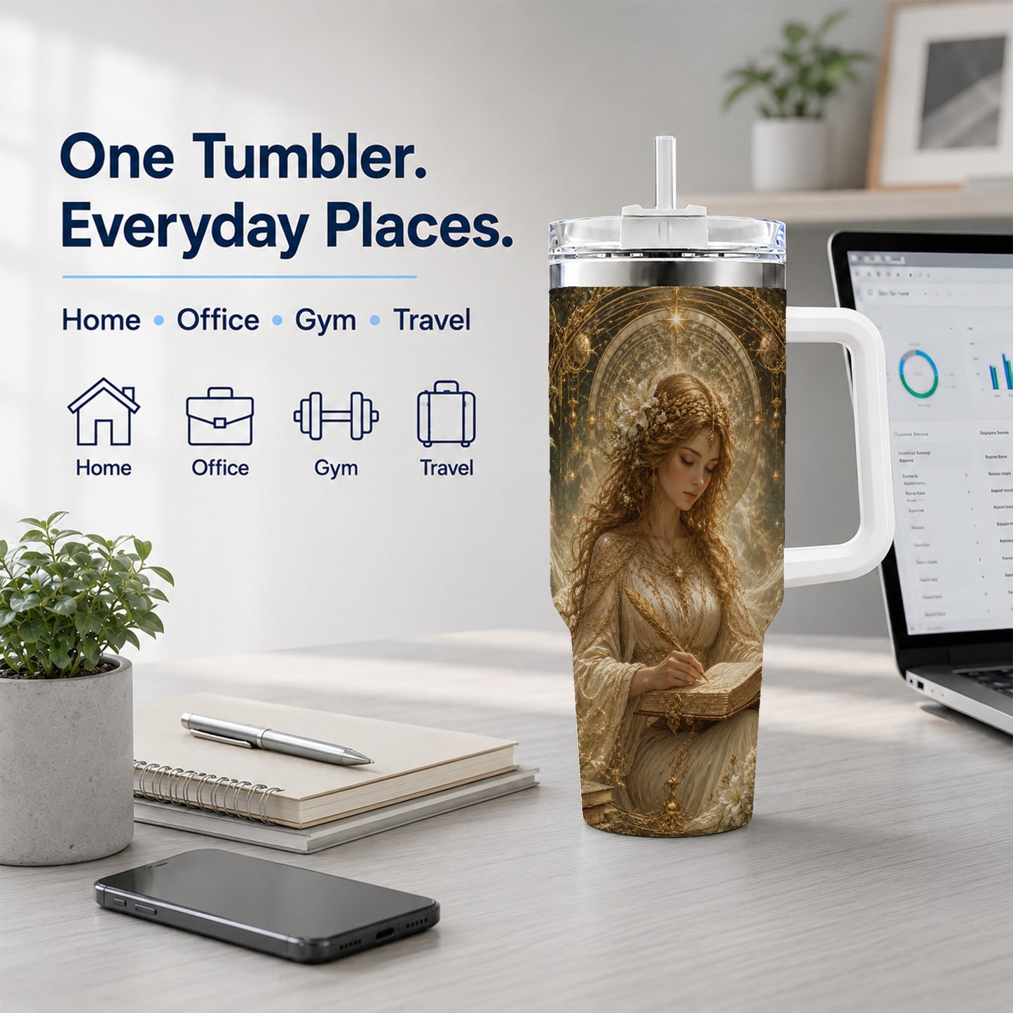 #pl[40oz|White] Virgo Maiden 40oz Tumbler with Handle, Celestial Zodiac Floral Art