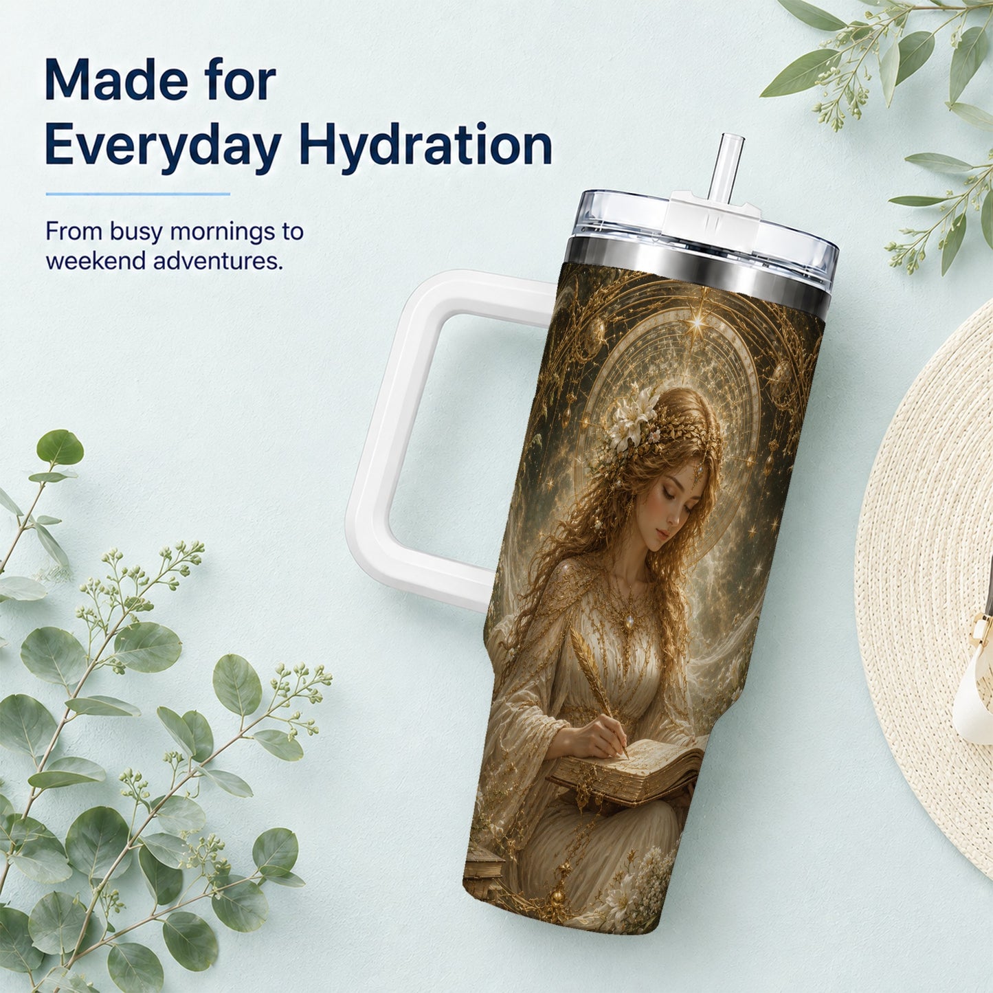 #pl[40oz|White] Virgo Maiden 40oz Tumbler with Handle, Celestial Zodiac Floral Art