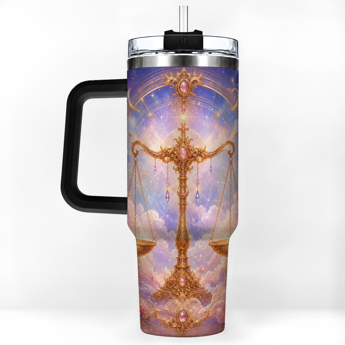 #pl[40oz|Black] Libra Zodiac 40oz Tumbler with Handle, Celestial Floral Scales