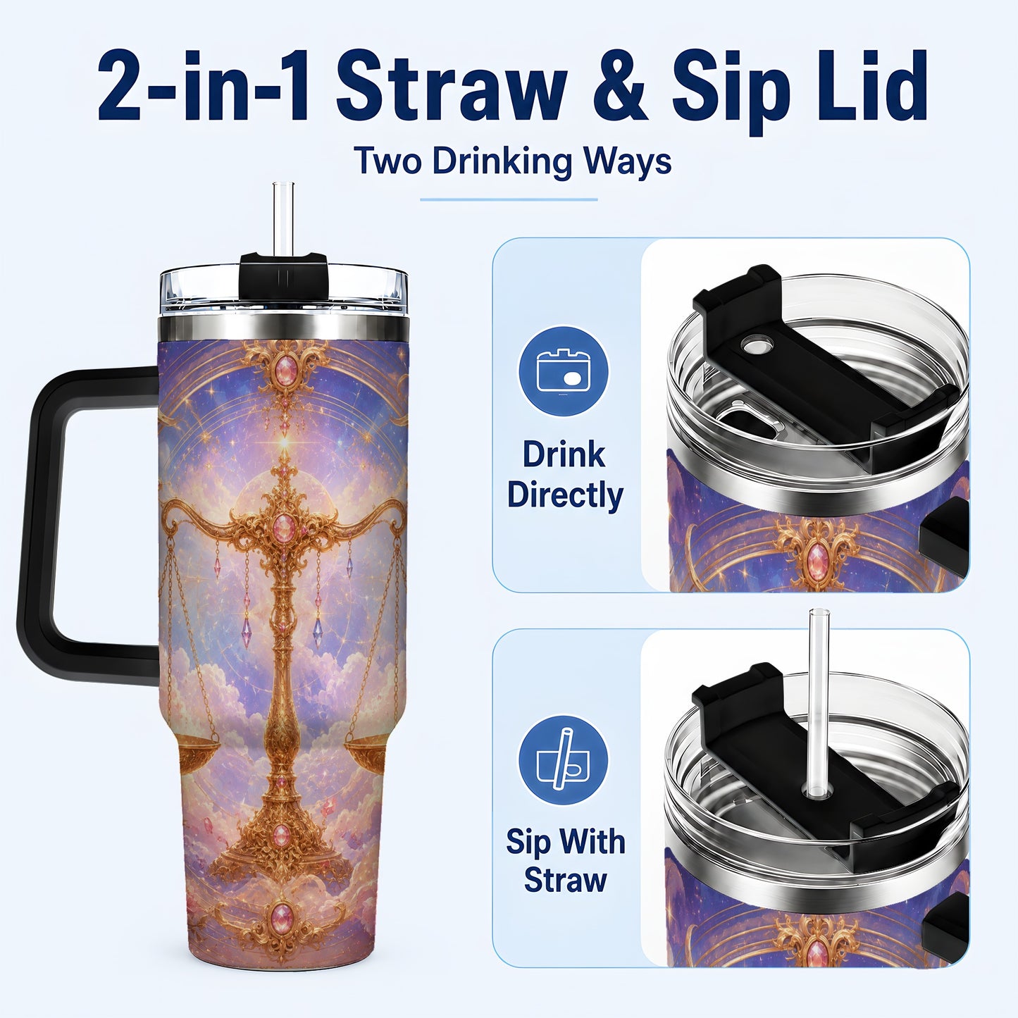#pl[40oz|Black] Libra Zodiac 40oz Tumbler with Handle, Celestial Floral Scales