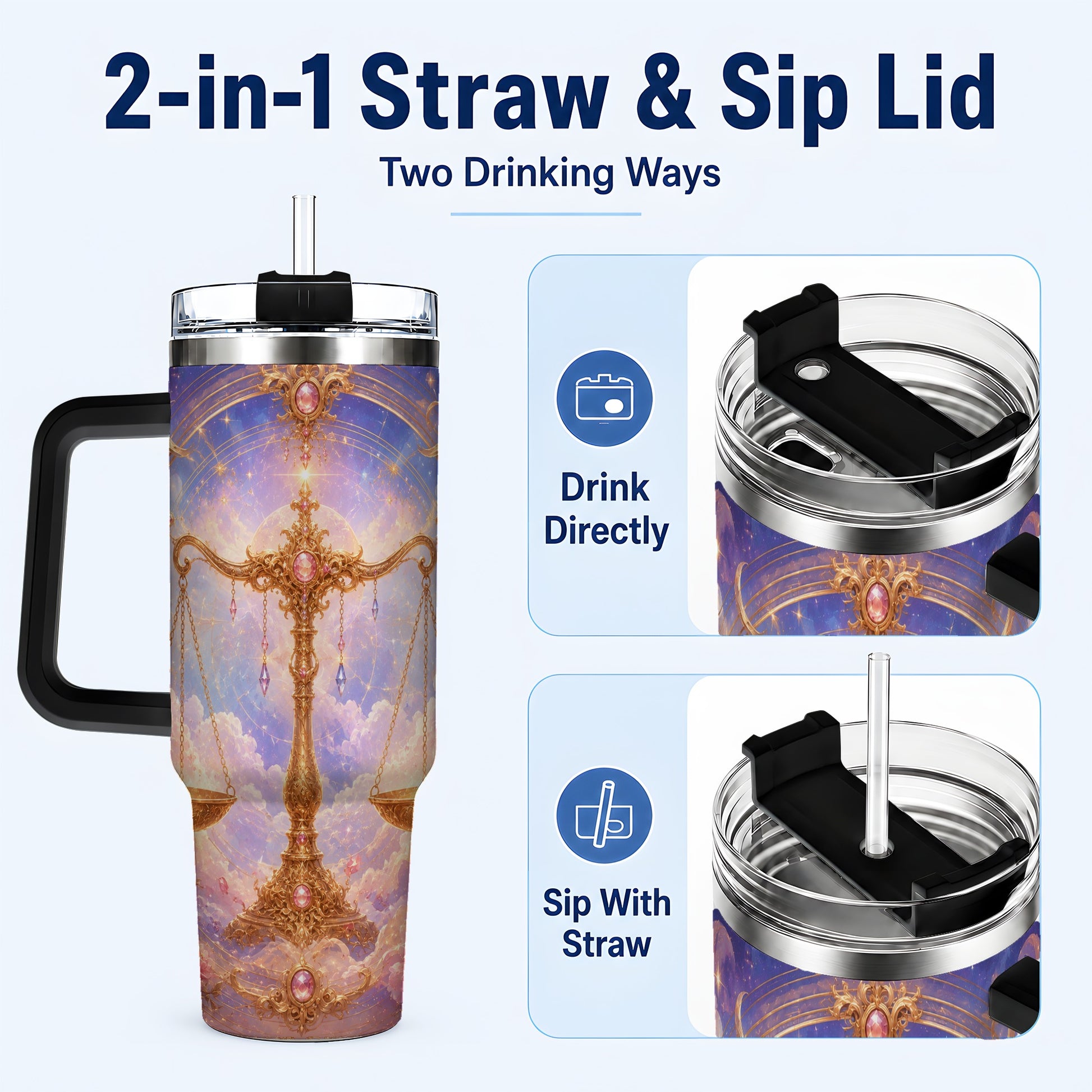 #pl[40oz|Black] Libra Zodiac 40oz Tumbler with Handle, Celestial Floral Scales