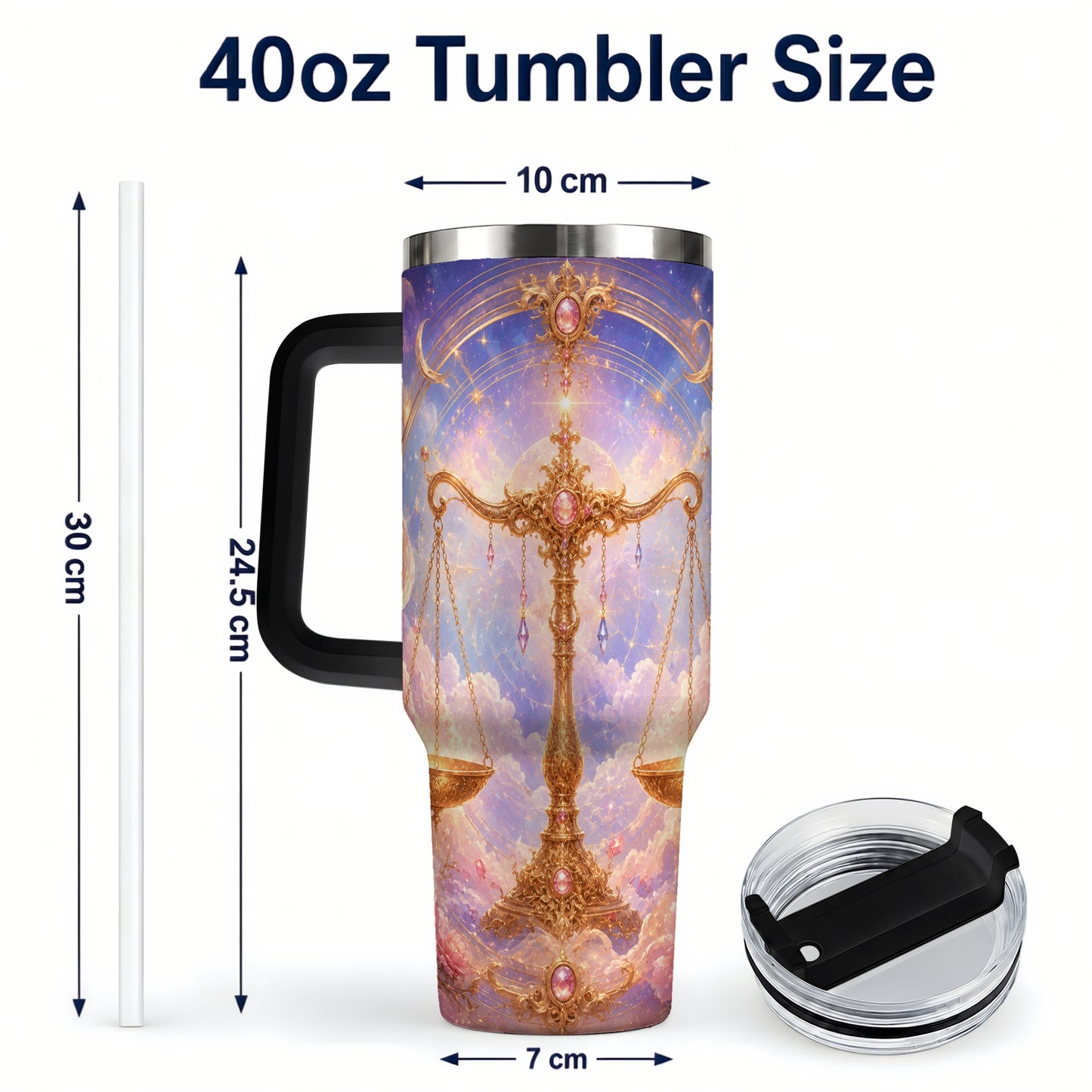 #pl[40oz|Black] Libra Zodiac 40oz Tumbler with Handle, Celestial Floral Scales