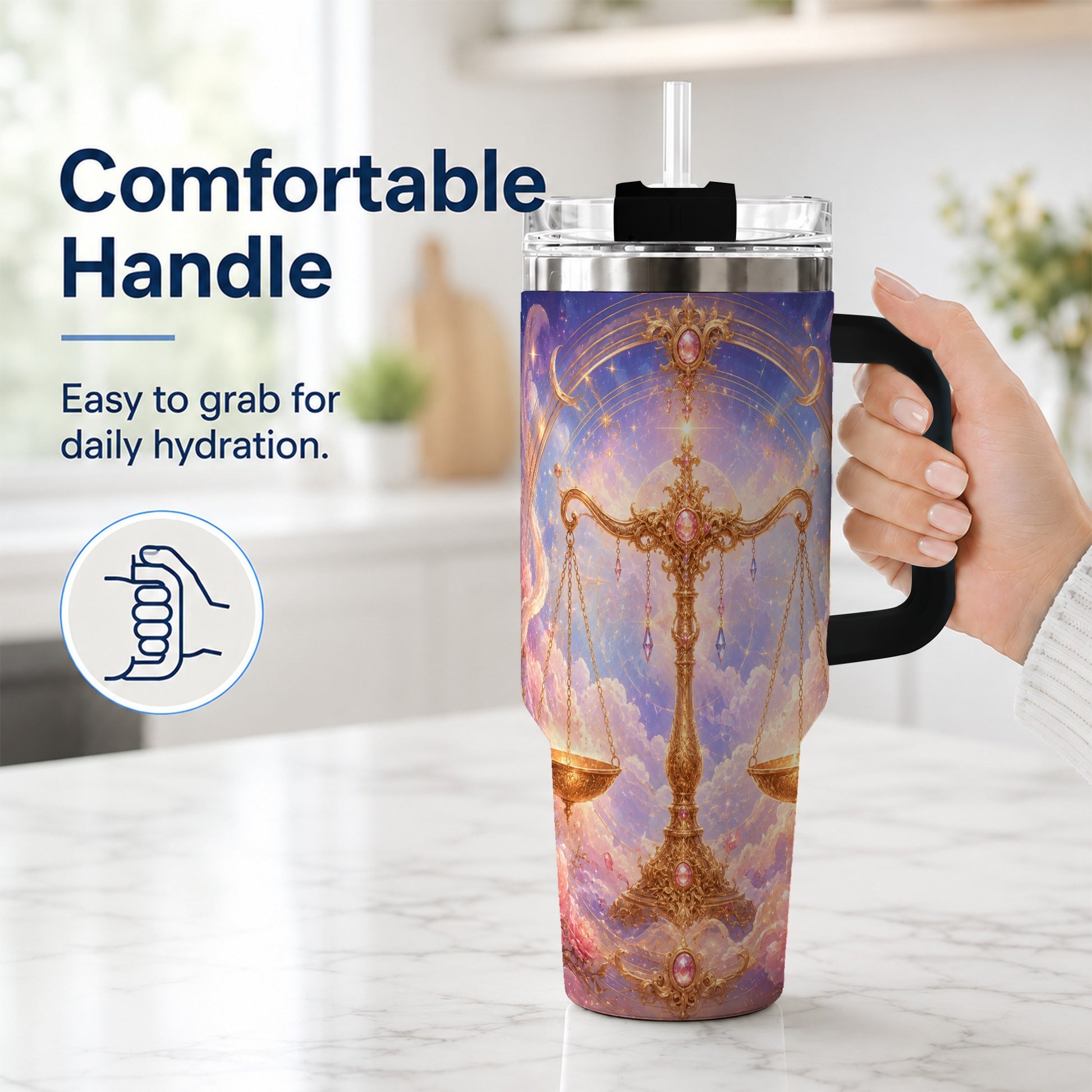 #pl[40oz|Black] Libra Zodiac 40oz Tumbler with Handle, Celestial Floral Scales
