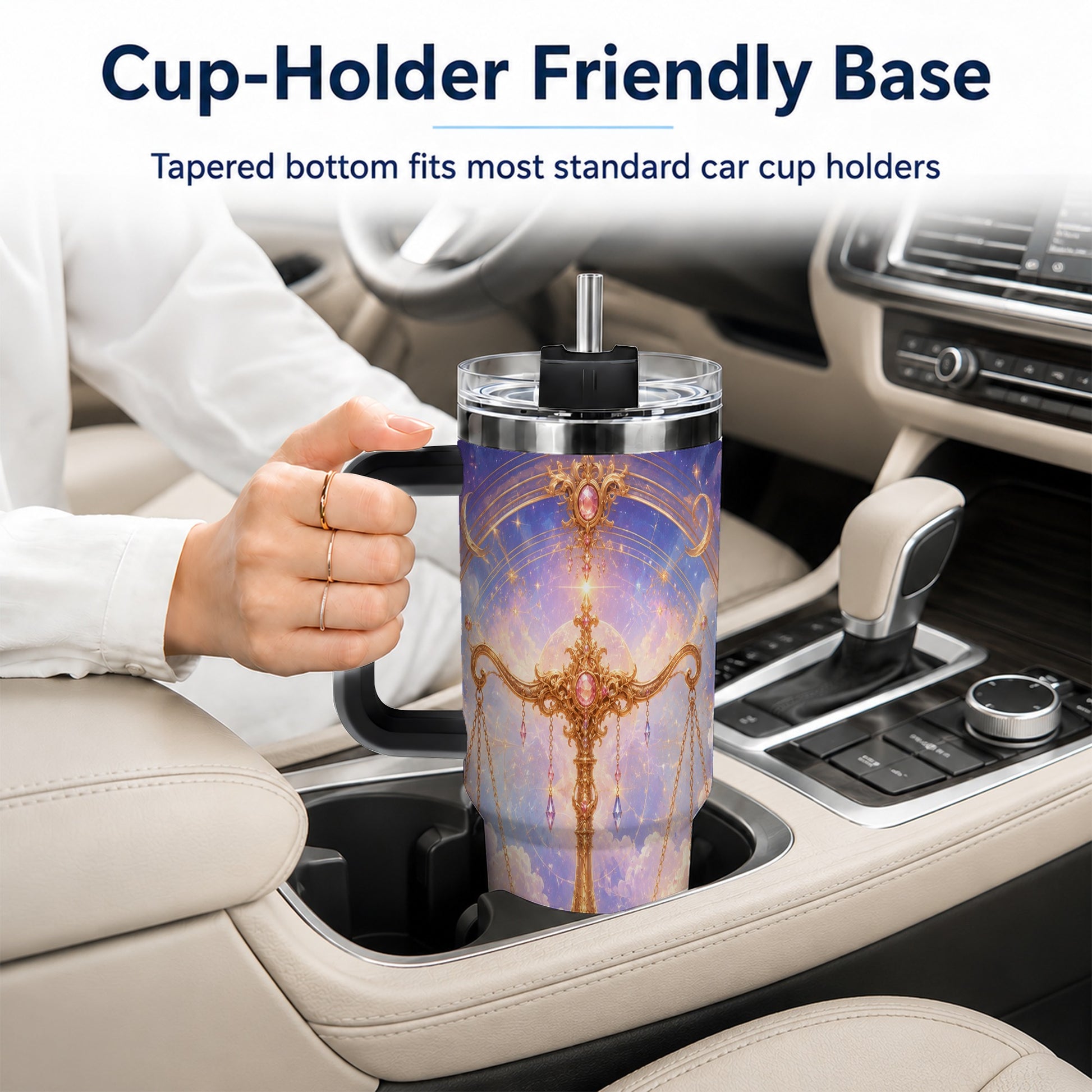 #pl[40oz|Black] Libra Zodiac 40oz Tumbler with Handle, Celestial Floral Scales