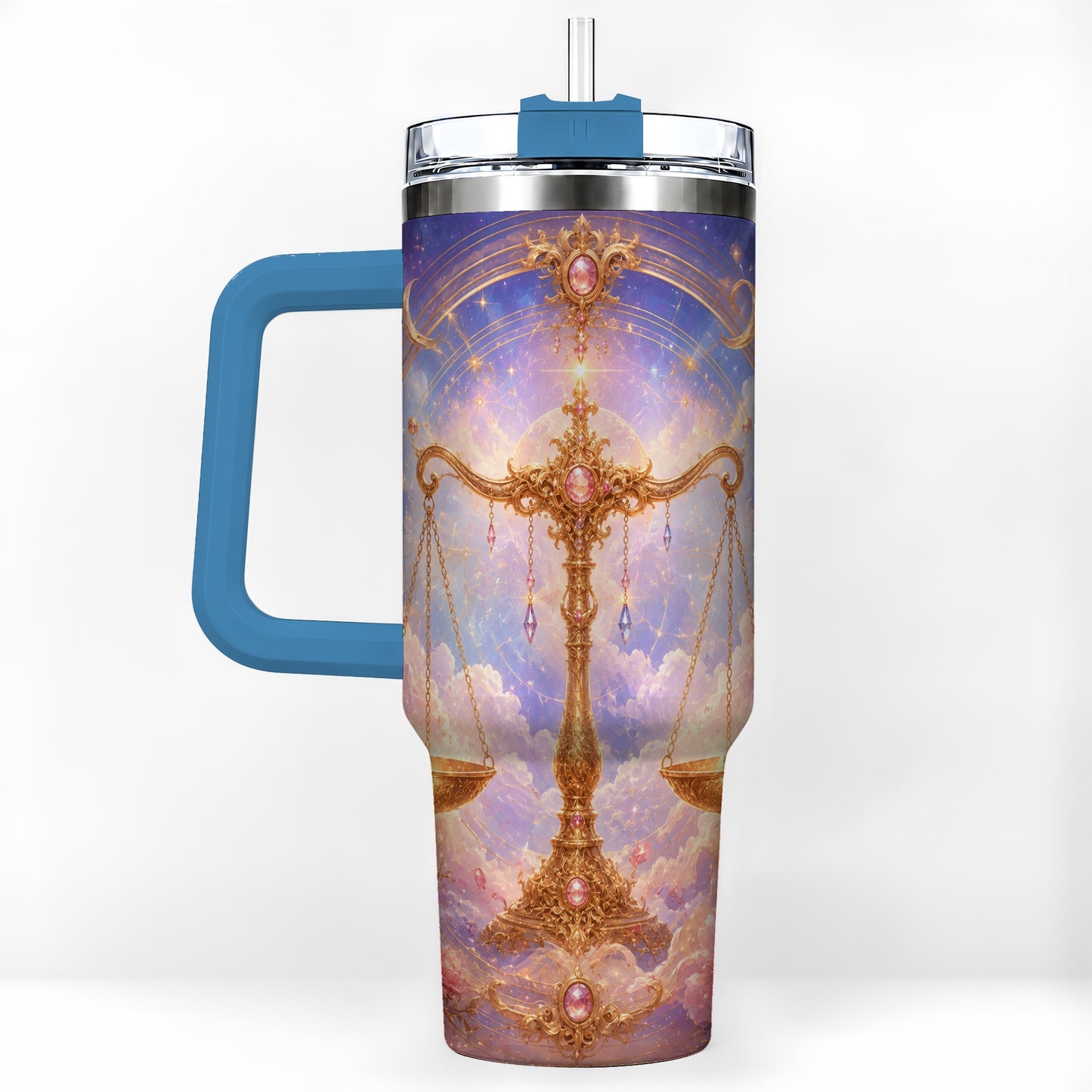 #pl[40oz|Blue] Libra Zodiac 40oz Tumbler with Handle, Celestial Floral Scales