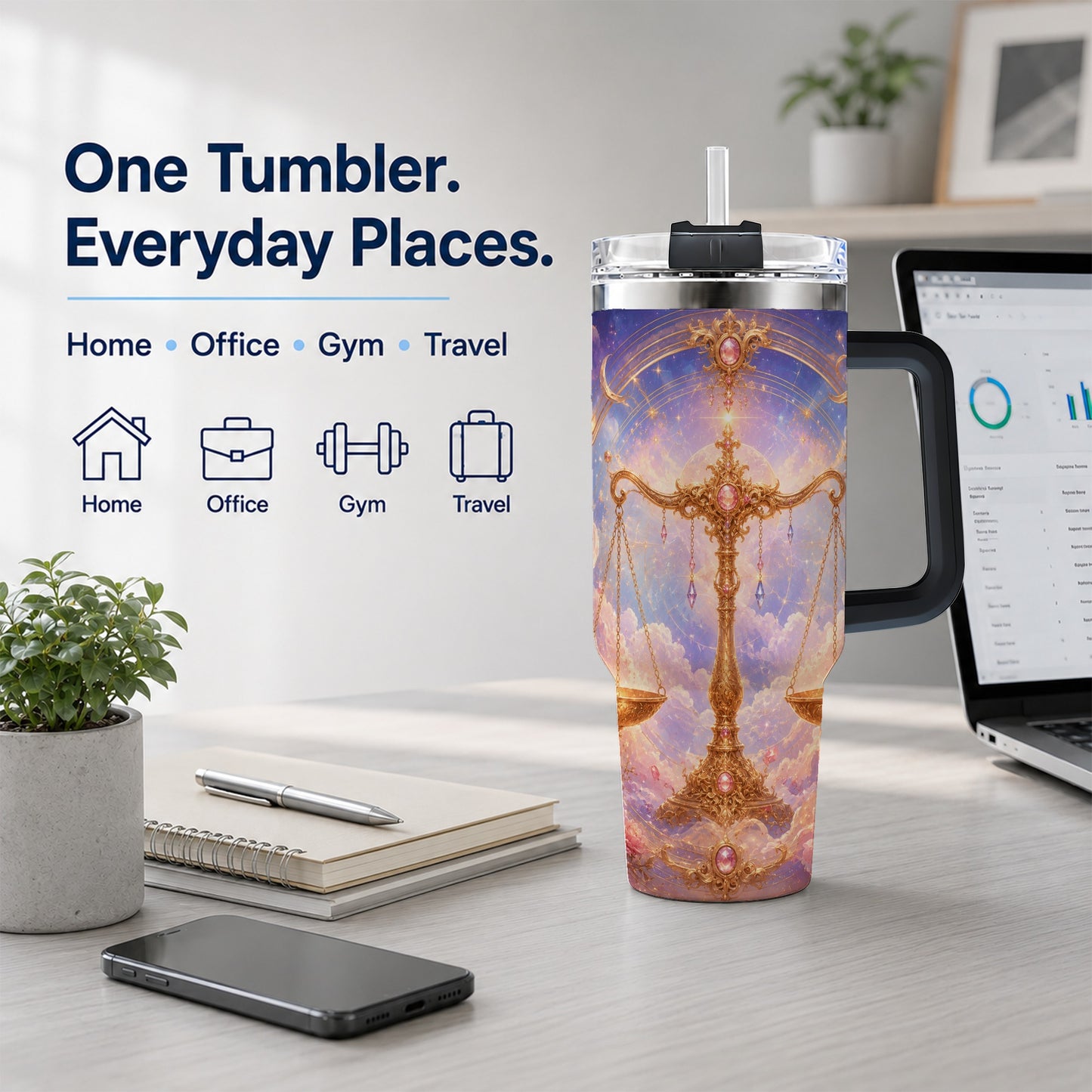 #pl[40oz|Black] Libra Zodiac 40oz Tumbler with Handle, Celestial Floral Scales