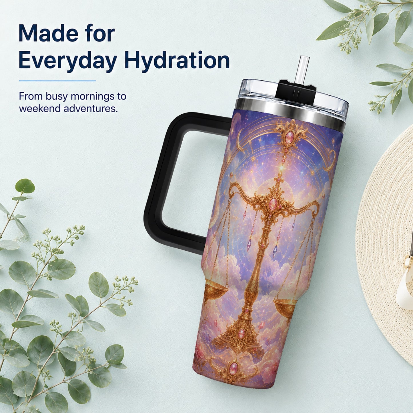 #pl[40oz|Black] Libra Zodiac 40oz Tumbler with Handle, Celestial Floral Scales
