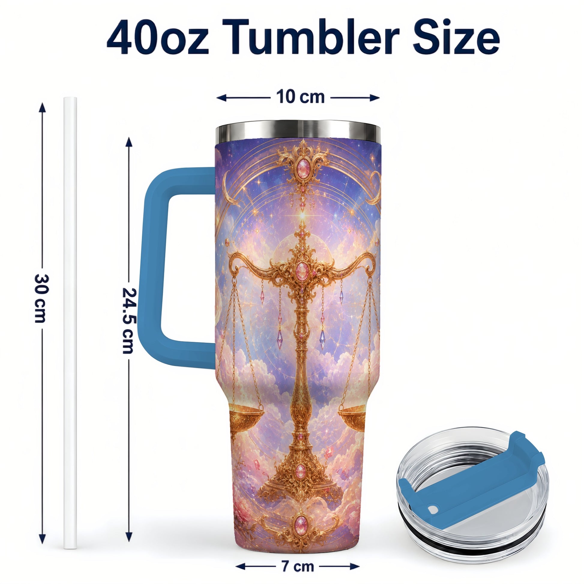 #pl[40oz|Blue] Libra Zodiac 40oz Tumbler with Handle, Celestial Floral Scales