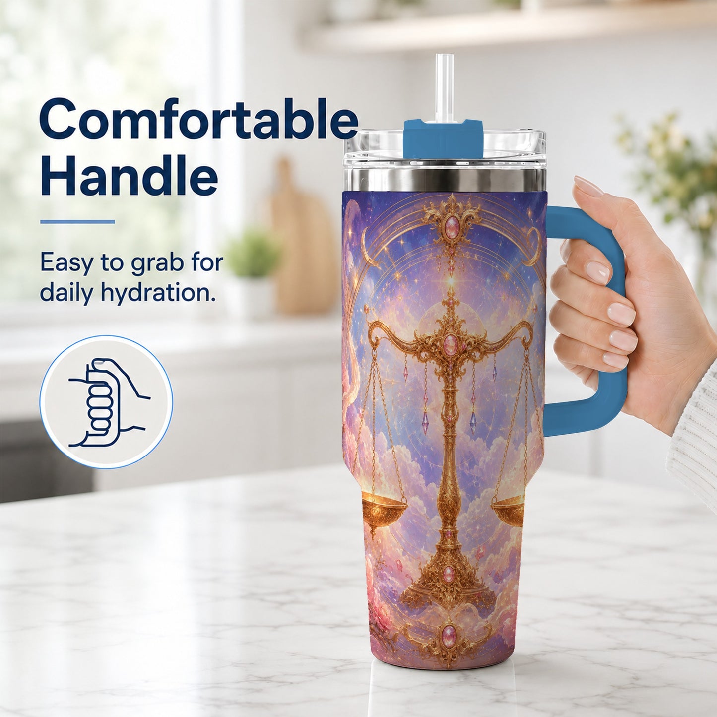 #pl[40oz|Blue] Libra Zodiac 40oz Tumbler with Handle, Celestial Floral Scales