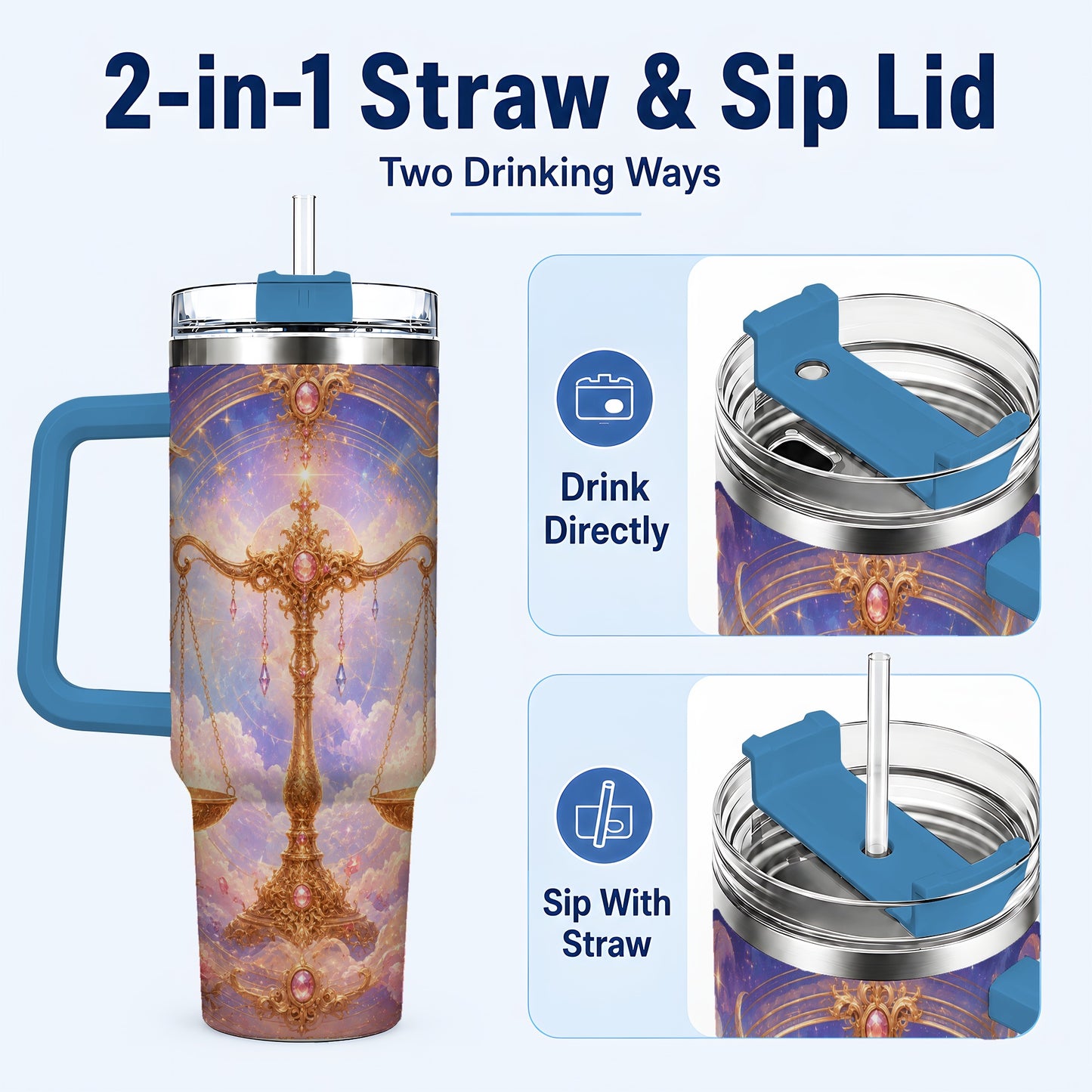 #pl[40oz|Blue] Libra Zodiac 40oz Tumbler with Handle, Celestial Floral Scales