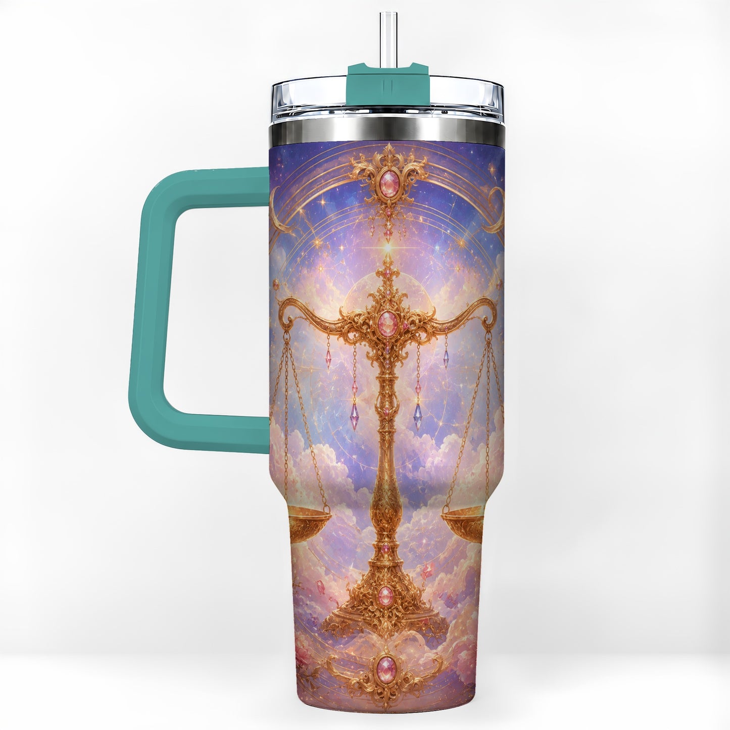 #pl[40oz|Green] Libra Zodiac 40oz Tumbler with Handle, Celestial Floral Scales