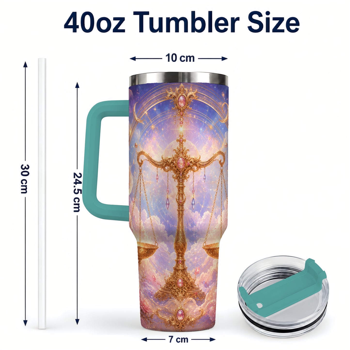 #pl[40oz|Green] Libra Zodiac 40oz Tumbler with Handle, Celestial Floral Scales