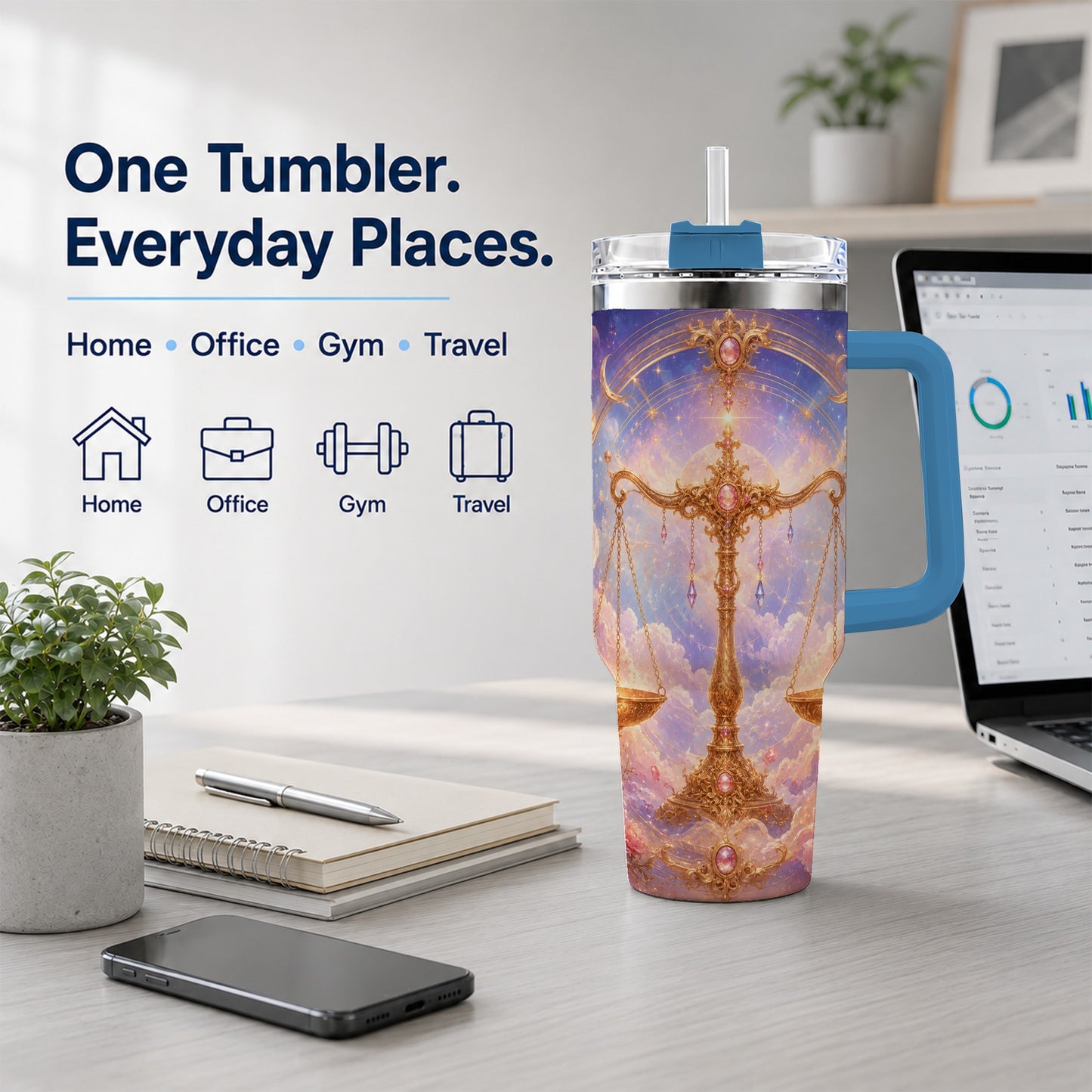 #pl[40oz|Blue] Libra Zodiac 40oz Tumbler with Handle, Celestial Floral Scales