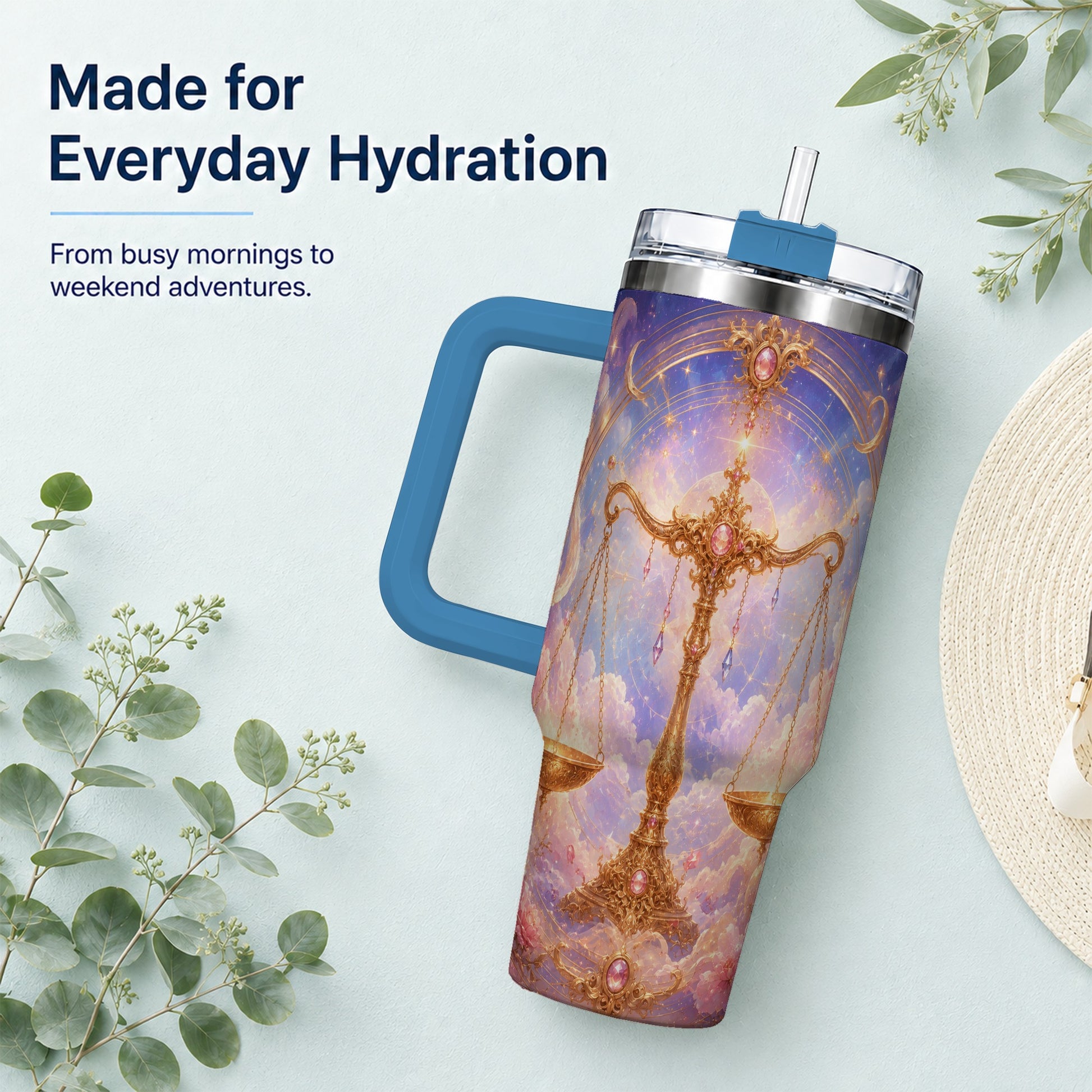 #pl[40oz|Blue] Libra Zodiac 40oz Tumbler with Handle, Celestial Floral Scales