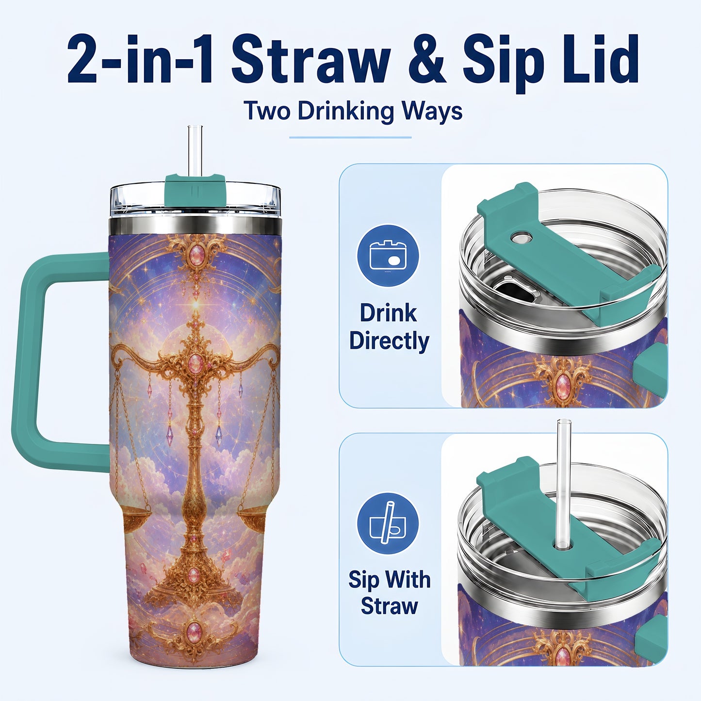 #pl[40oz|Green] Libra Zodiac 40oz Tumbler with Handle, Celestial Floral Scales