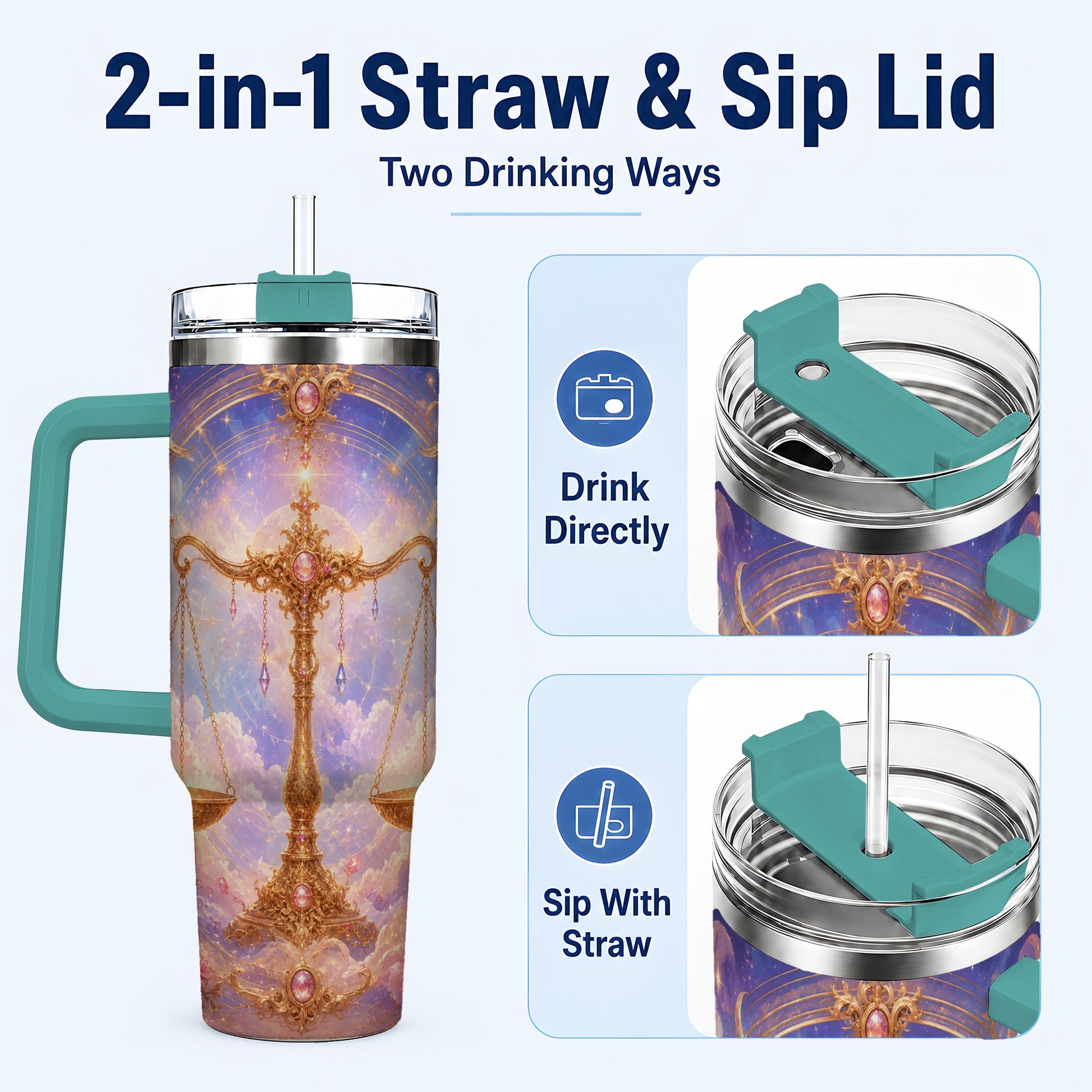 #pl[40oz|Green] Libra Zodiac 40oz Tumbler with Handle, Celestial Floral Scales