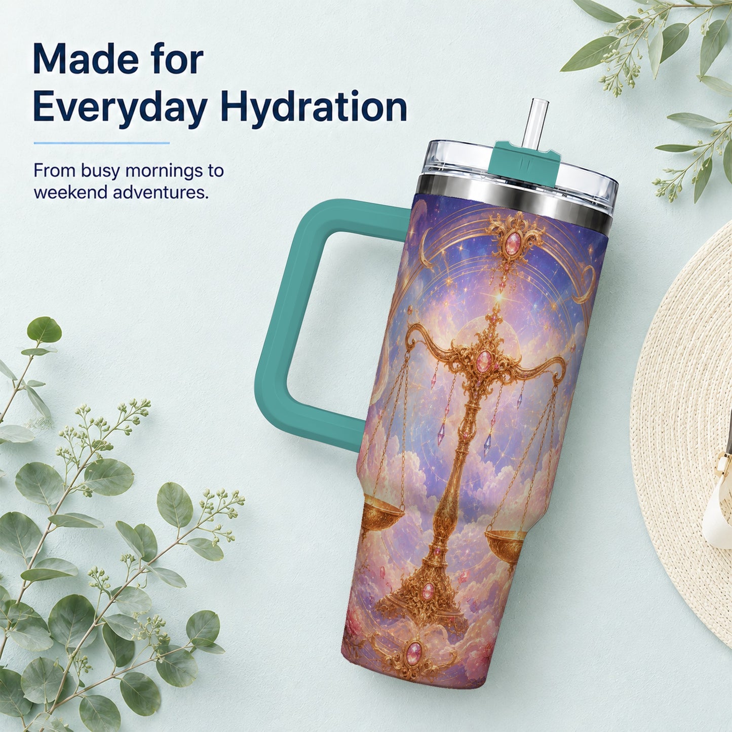 #pl[40oz|Green] Libra Zodiac 40oz Tumbler with Handle, Celestial Floral Scales