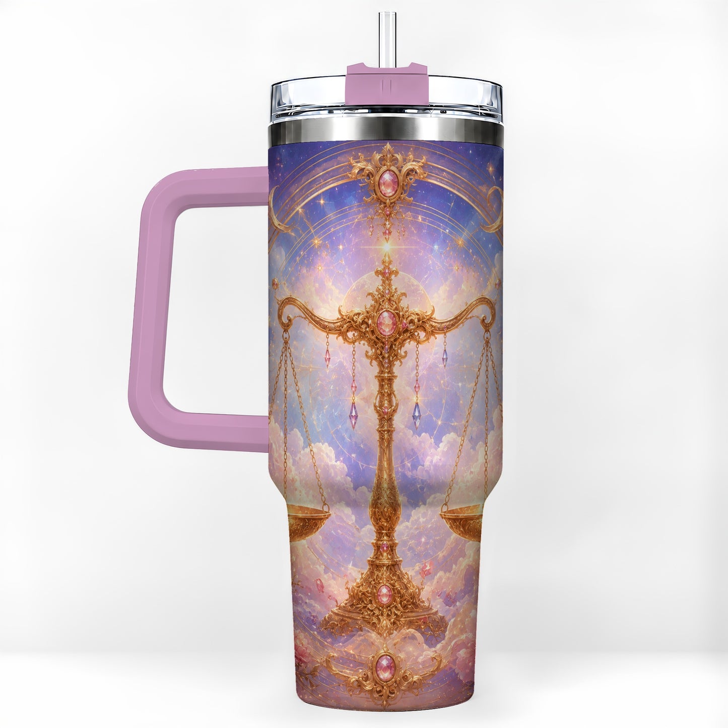 #pl[40oz|Pink] Libra Zodiac 40oz Tumbler with Handle, Celestial Floral Scales