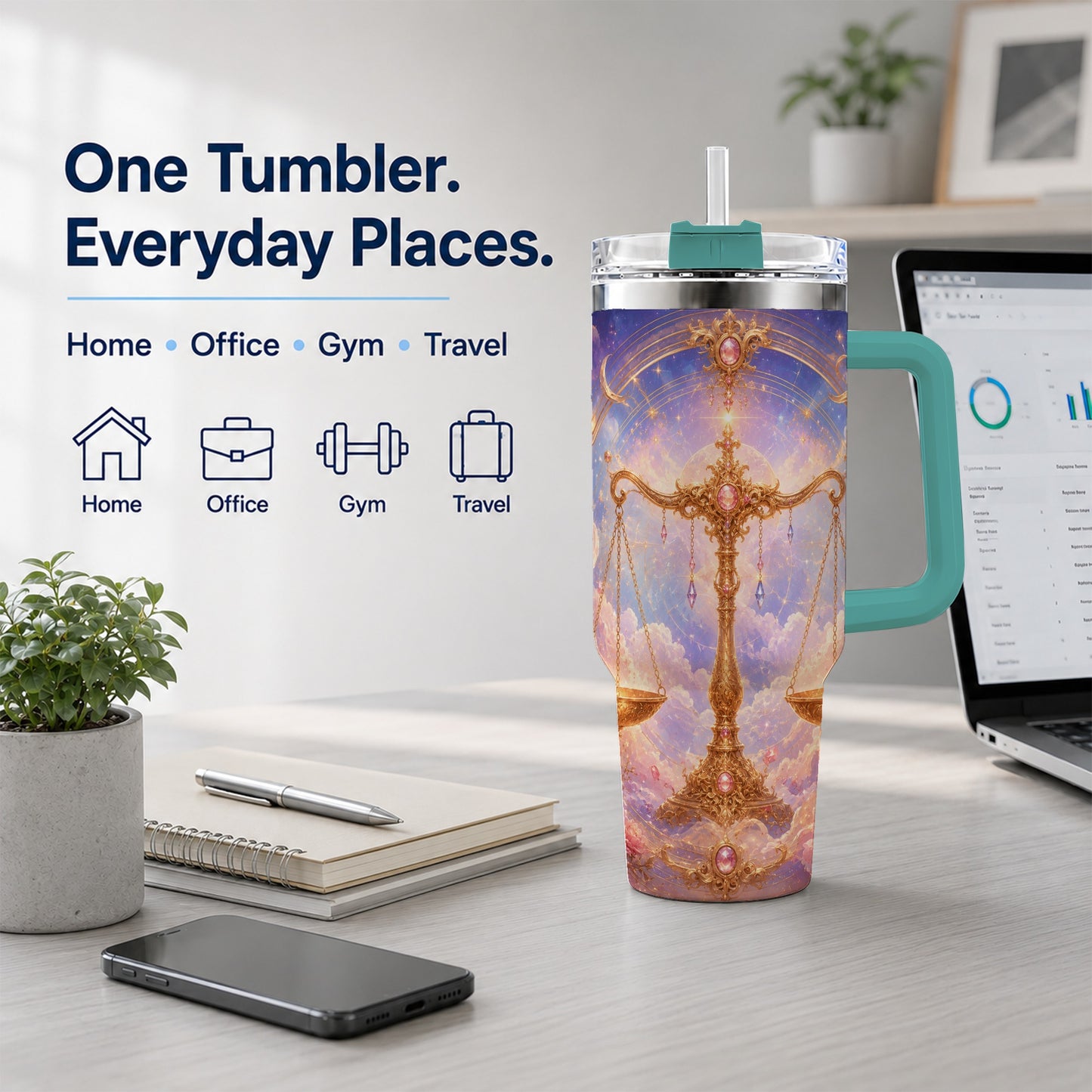 #pl[40oz|Green] Libra Zodiac 40oz Tumbler with Handle, Celestial Floral Scales