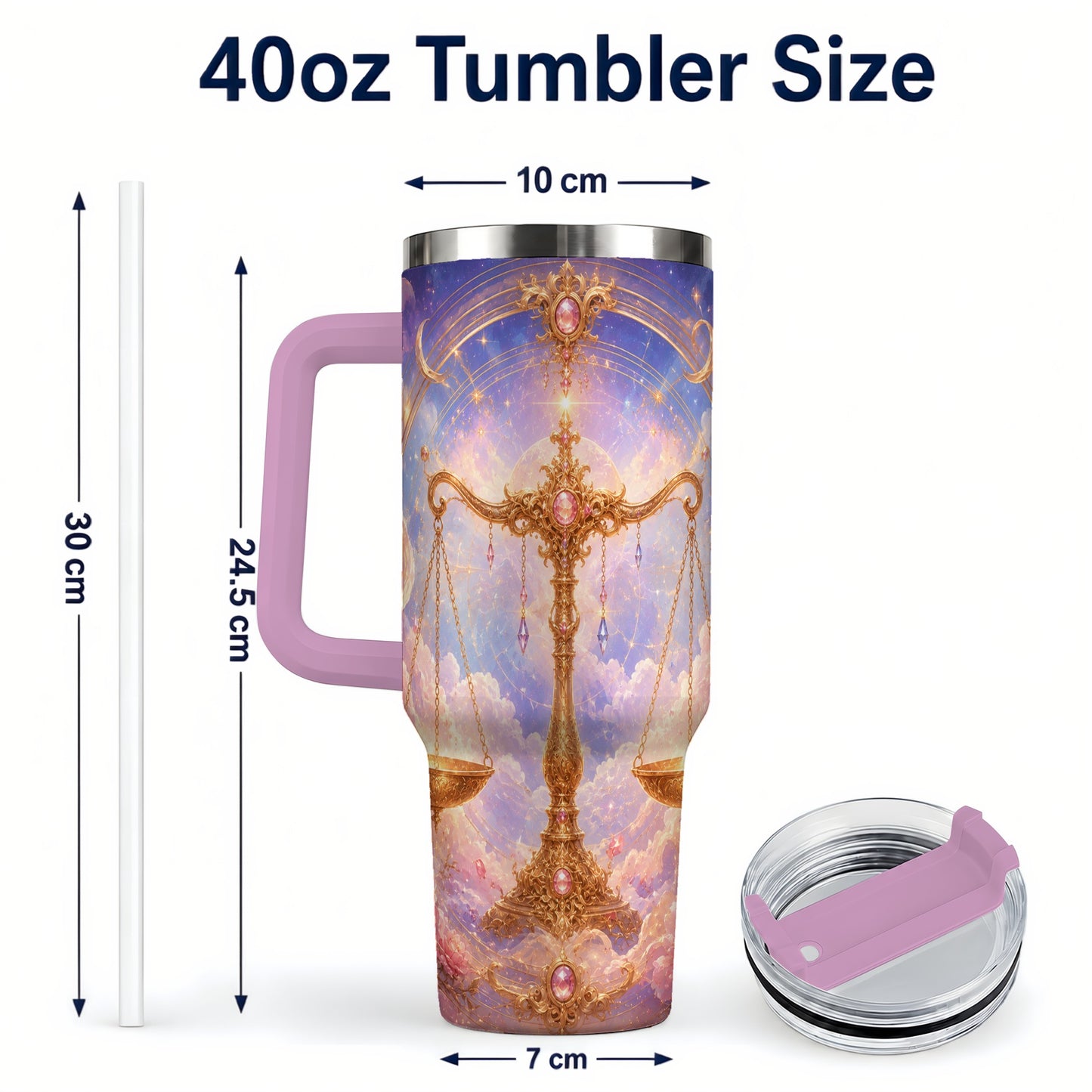 #pl[40oz|Pink] Libra Zodiac 40oz Tumbler with Handle, Celestial Floral Scales