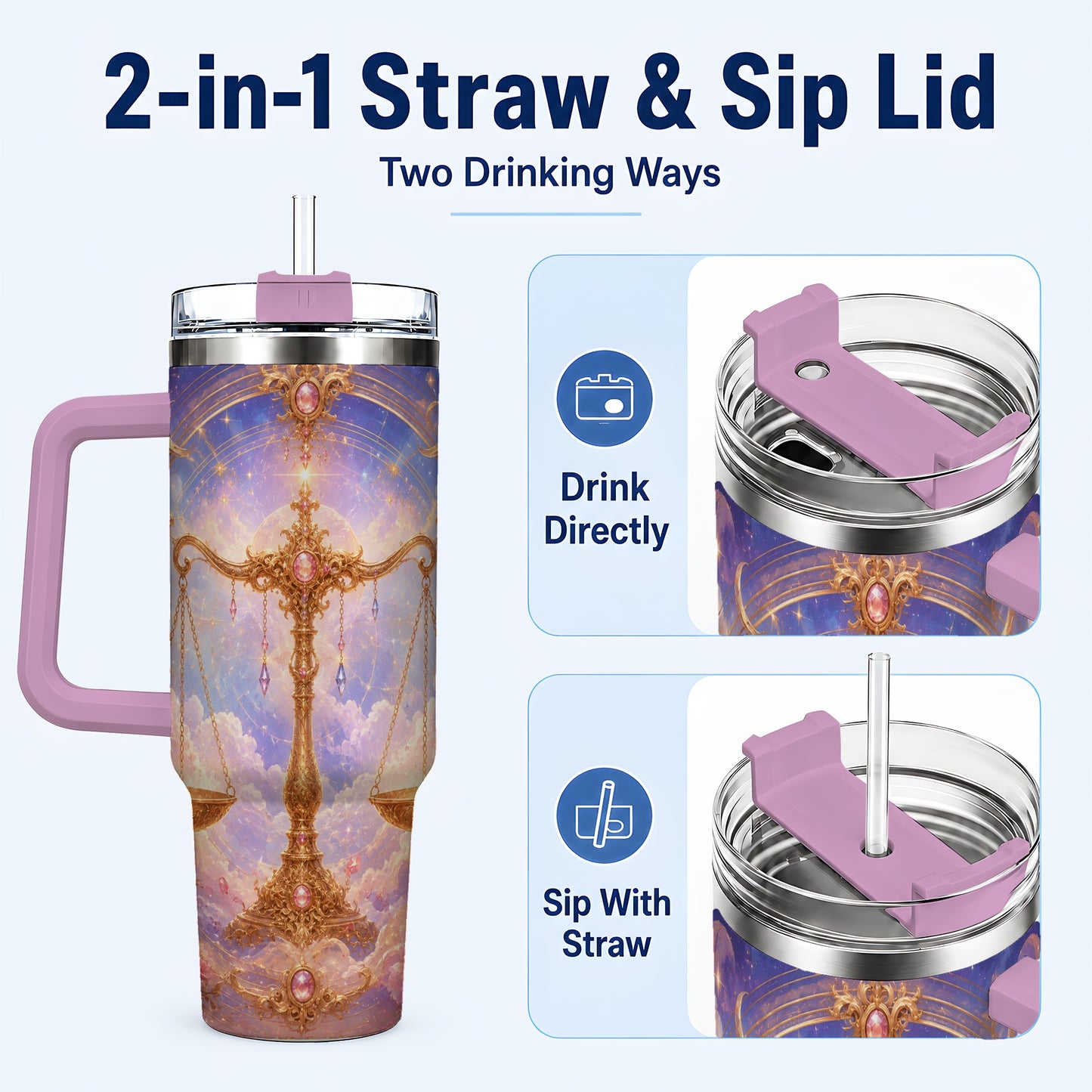 #pl[40oz|Pink] Libra Zodiac 40oz Tumbler with Handle, Celestial Floral Scales