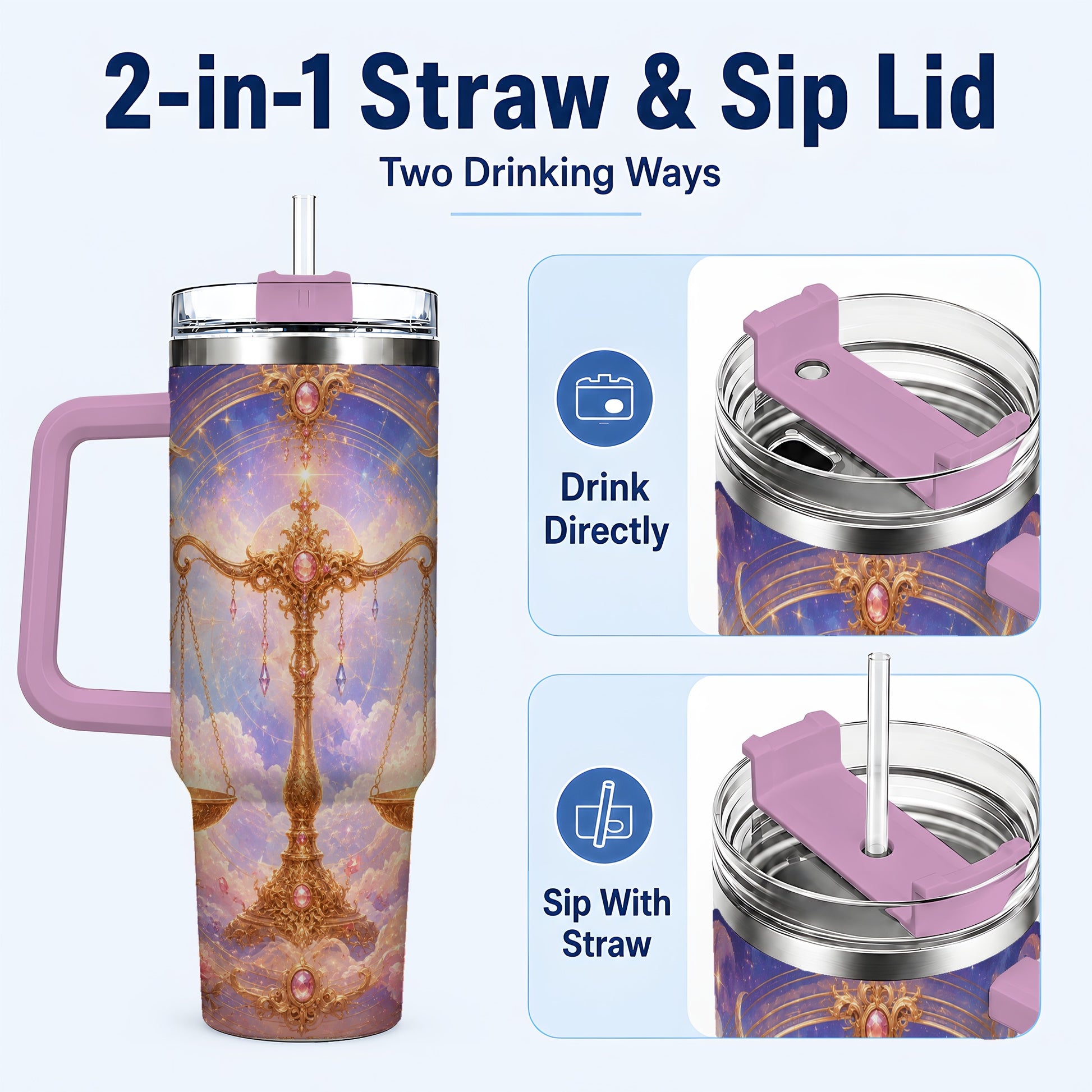 #pl[40oz|Pink] Libra Zodiac 40oz Tumbler with Handle, Celestial Floral Scales
