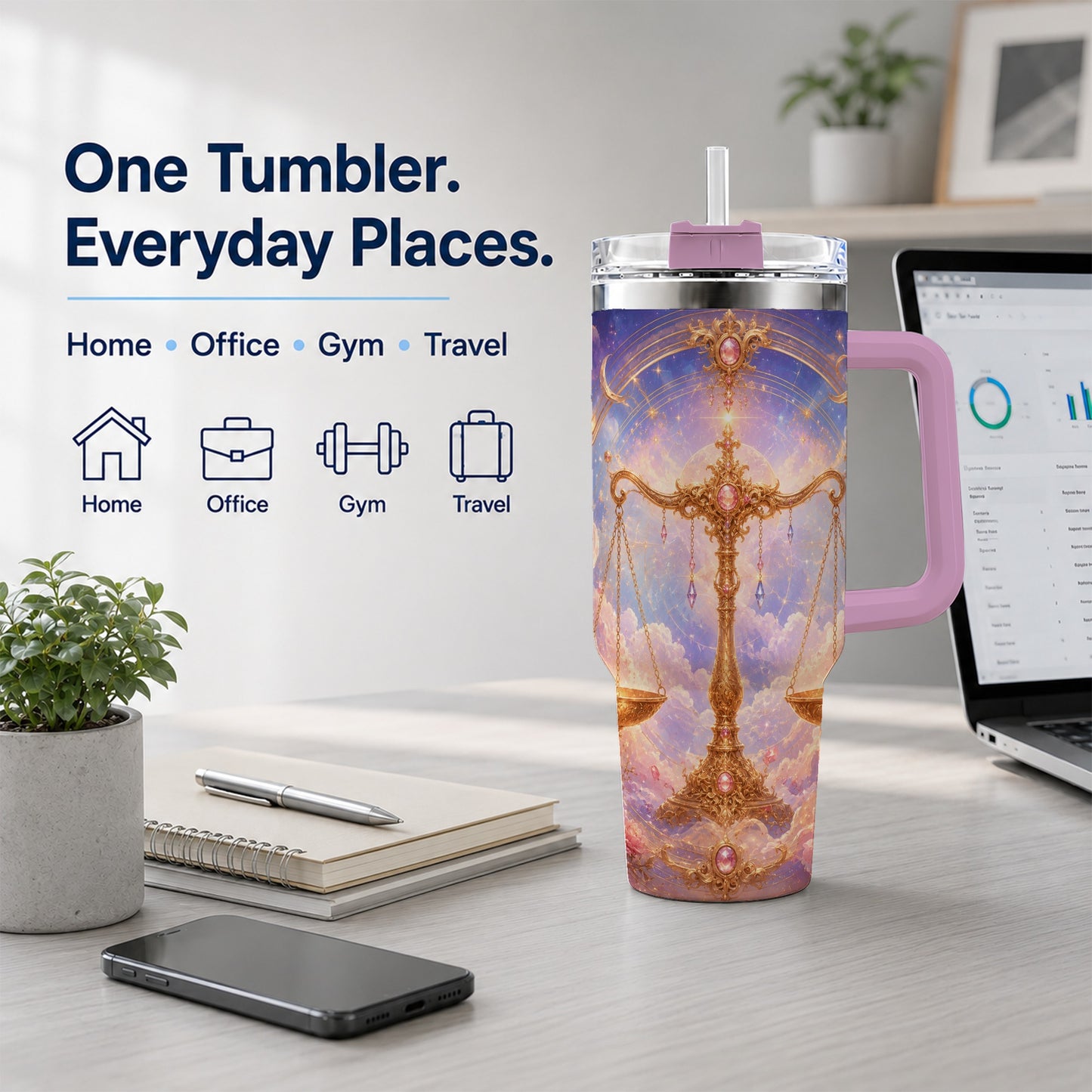 #pl[40oz|Pink] Libra Zodiac 40oz Tumbler with Handle, Celestial Floral Scales