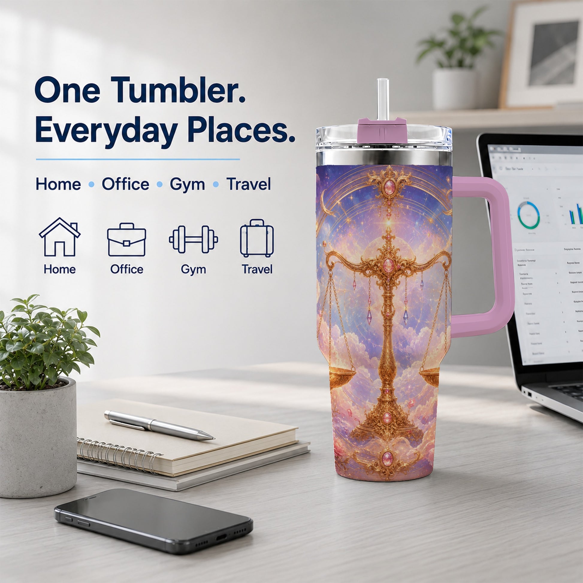 #pl[40oz|Pink] Libra Zodiac 40oz Tumbler with Handle, Celestial Floral Scales