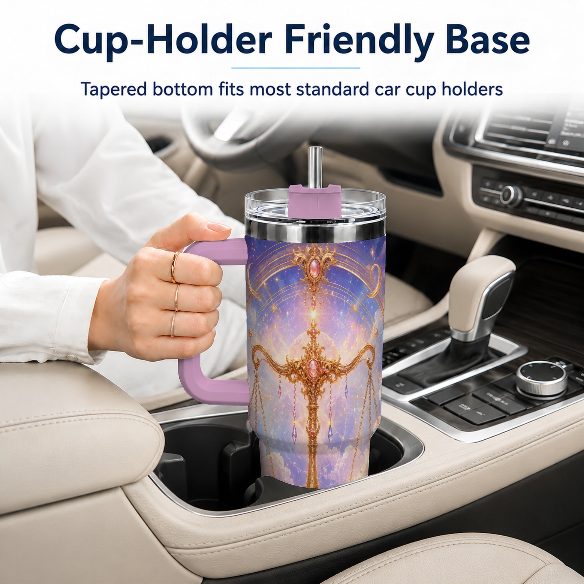 #pl[40oz|Pink] Libra Zodiac 40oz Tumbler with Handle, Celestial Floral Scales