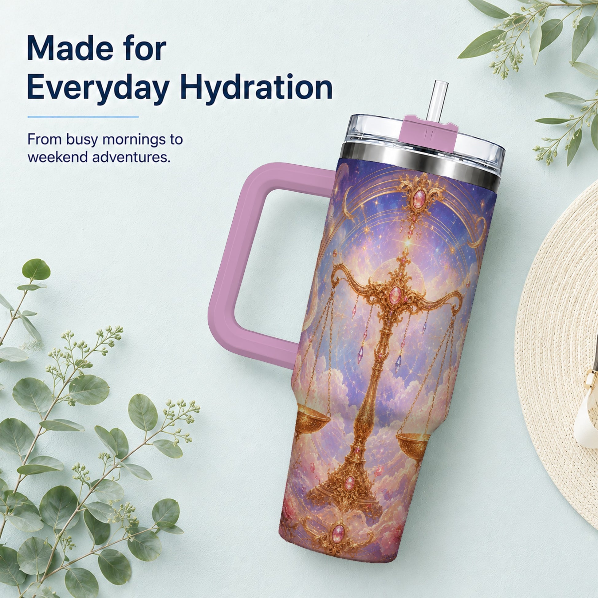 #pl[40oz|Pink] Libra Zodiac 40oz Tumbler with Handle, Celestial Floral Scales