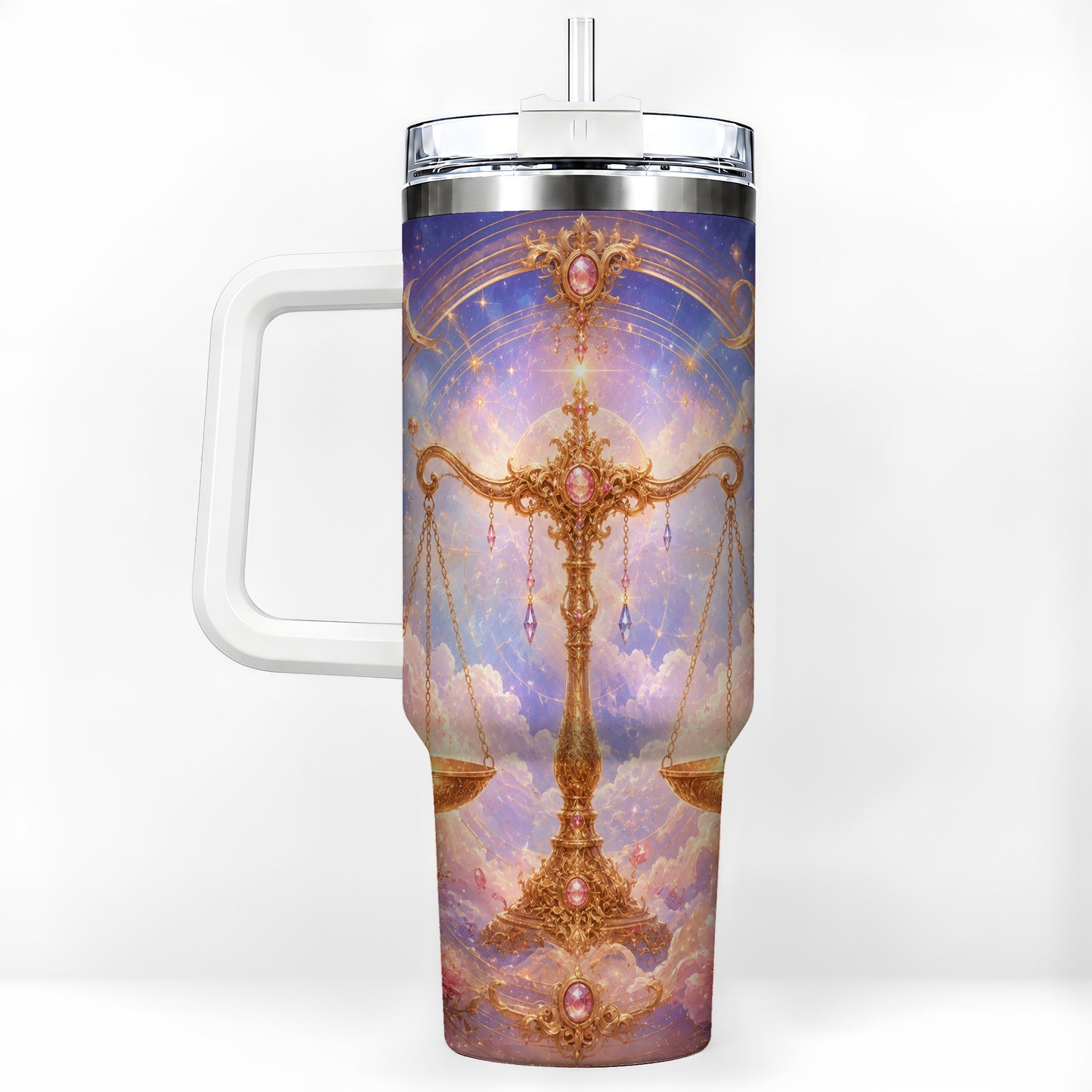 Libra Zodiac 40oz Tumbler with Handle, Celestial Floral Scales