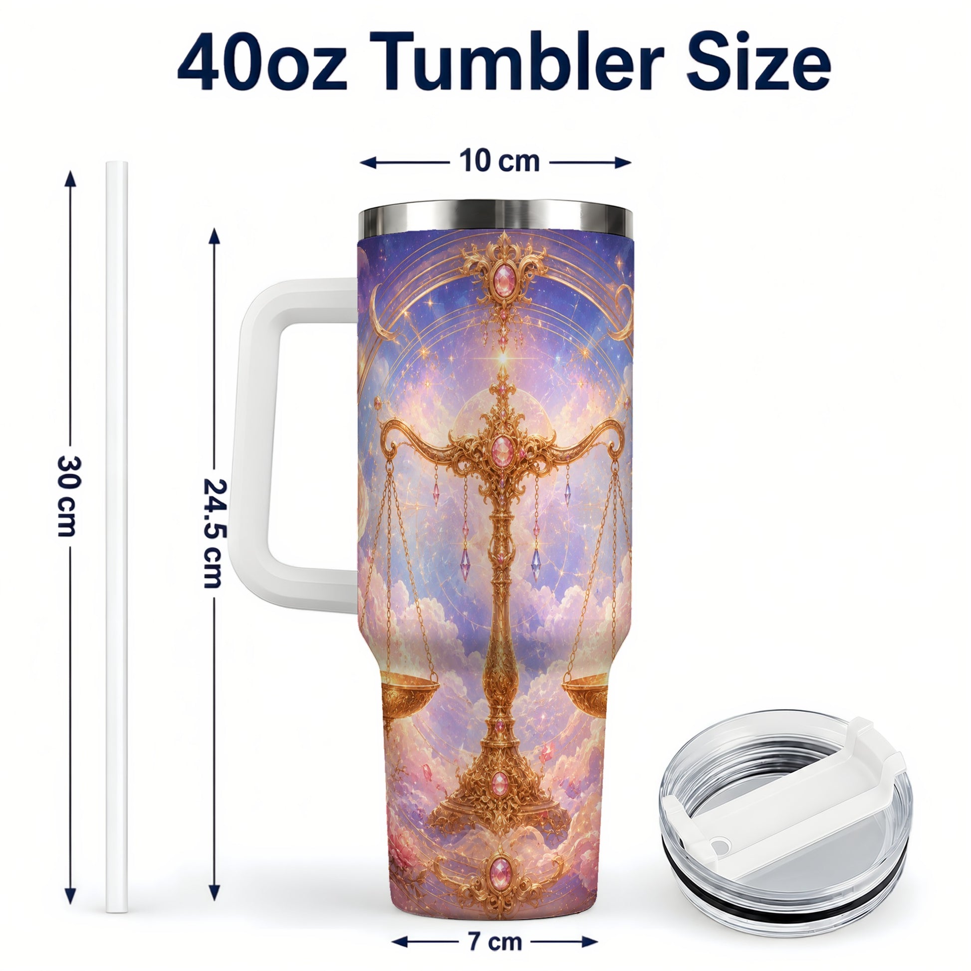 #pl[40oz|White] Libra Zodiac 40oz Tumbler with Handle, Celestial Floral Scales