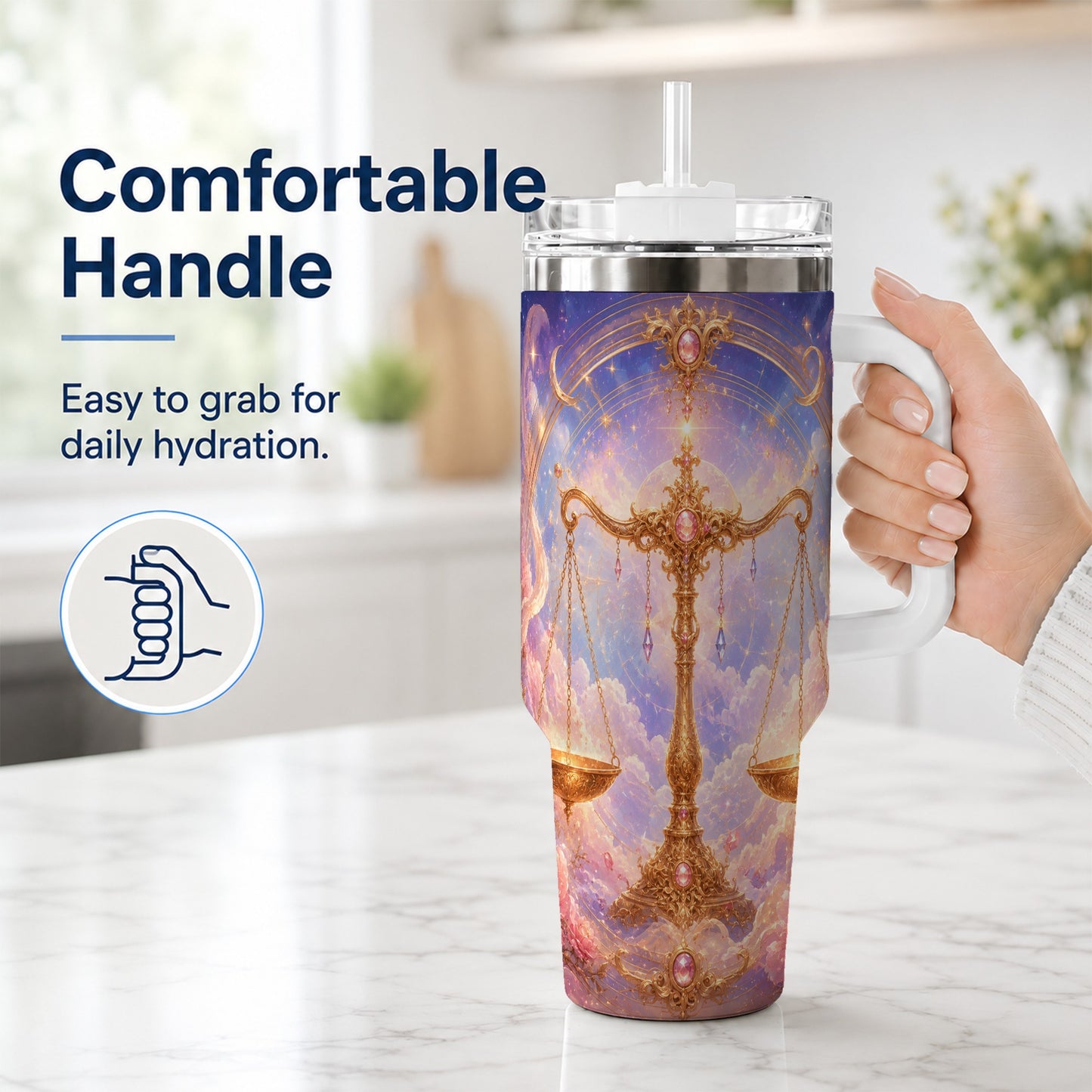 #pl[40oz|White] Libra Zodiac 40oz Tumbler with Handle, Celestial Floral Scales