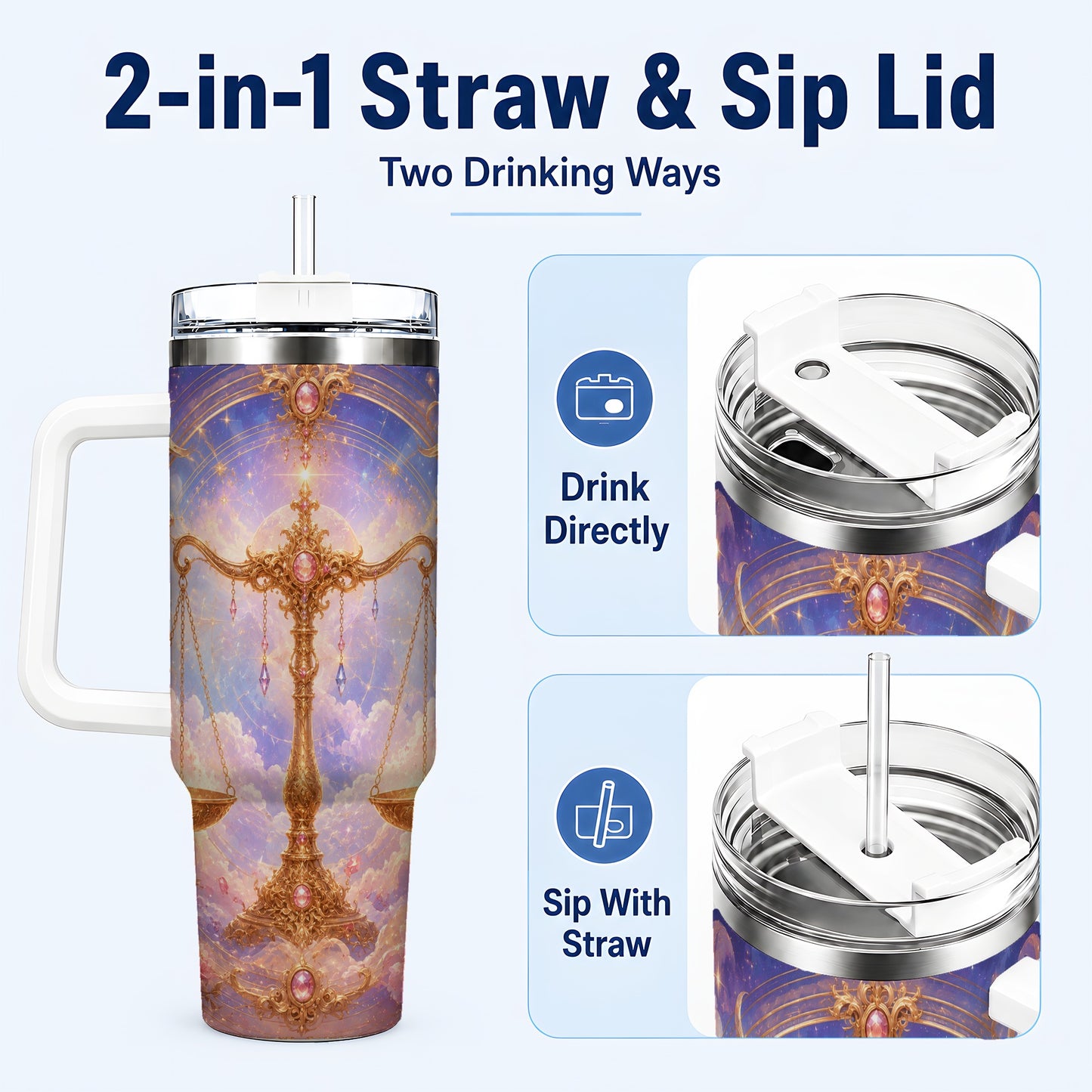 #pl[40oz|White] Libra Zodiac 40oz Tumbler with Handle, Celestial Floral Scales