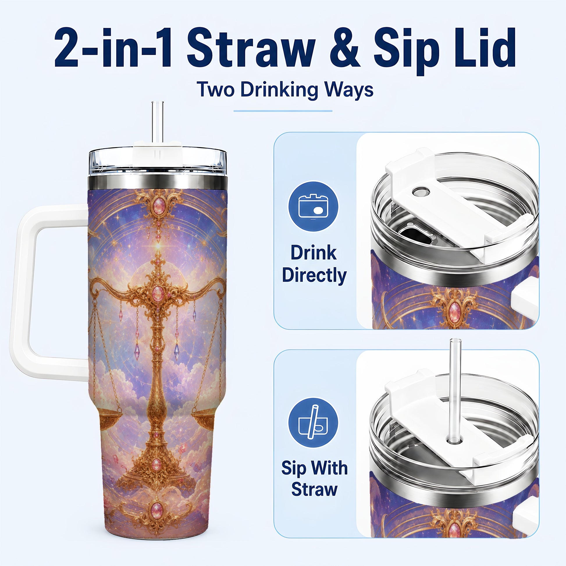 #pl[40oz|White] Libra Zodiac 40oz Tumbler with Handle, Celestial Floral Scales