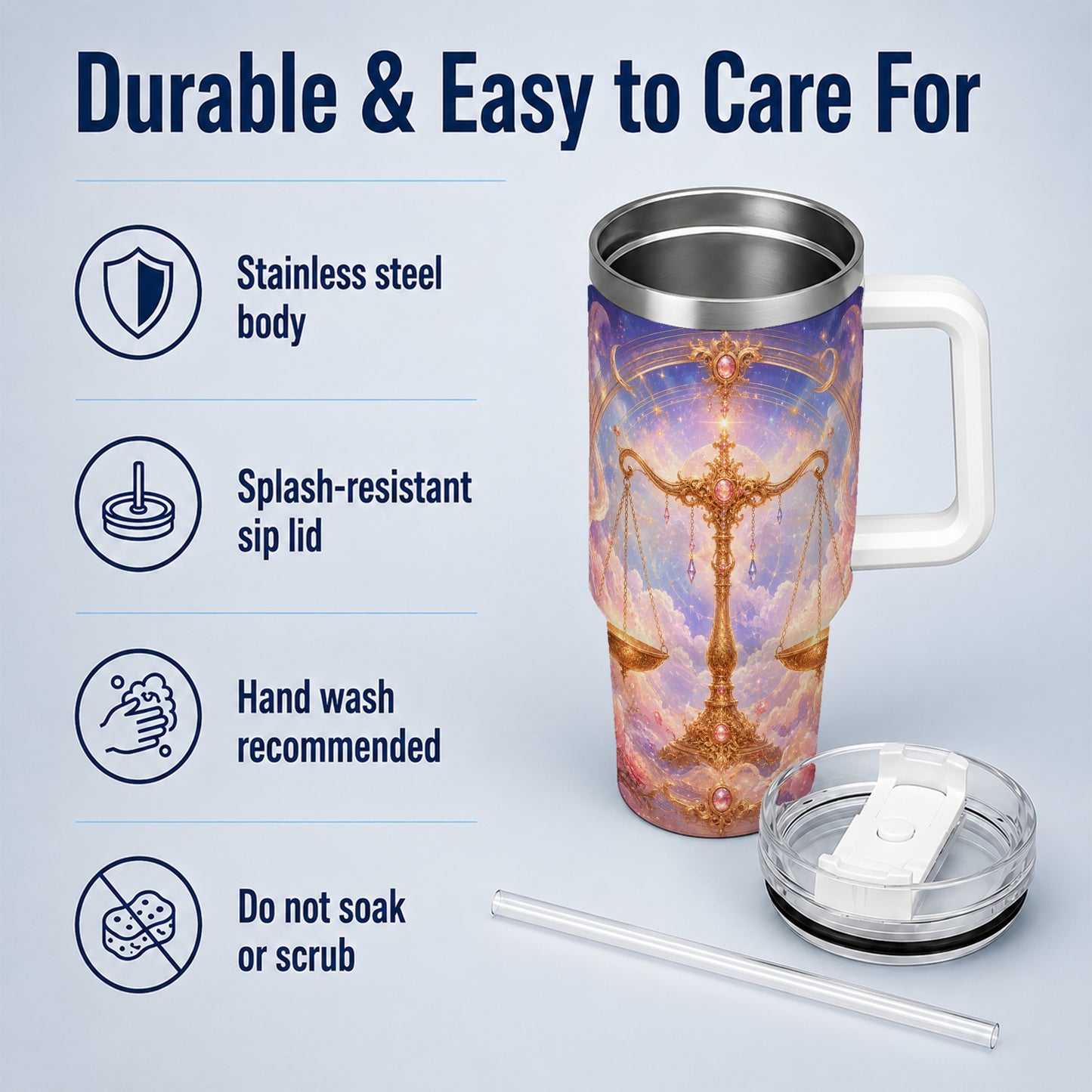 #pl[40oz|White] Libra Zodiac 40oz Tumbler with Handle, Celestial Floral Scales