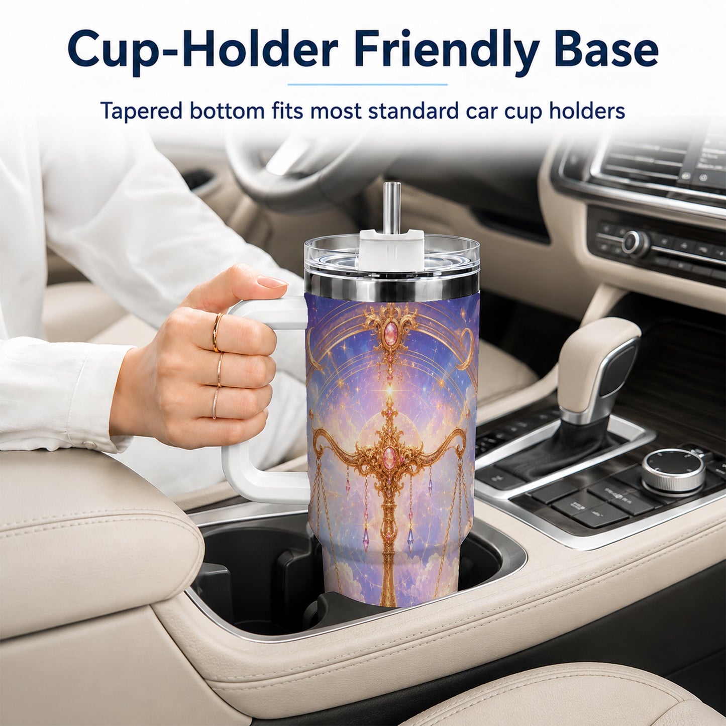 #pl[40oz|White] Libra Zodiac 40oz Tumbler with Handle, Celestial Floral Scales