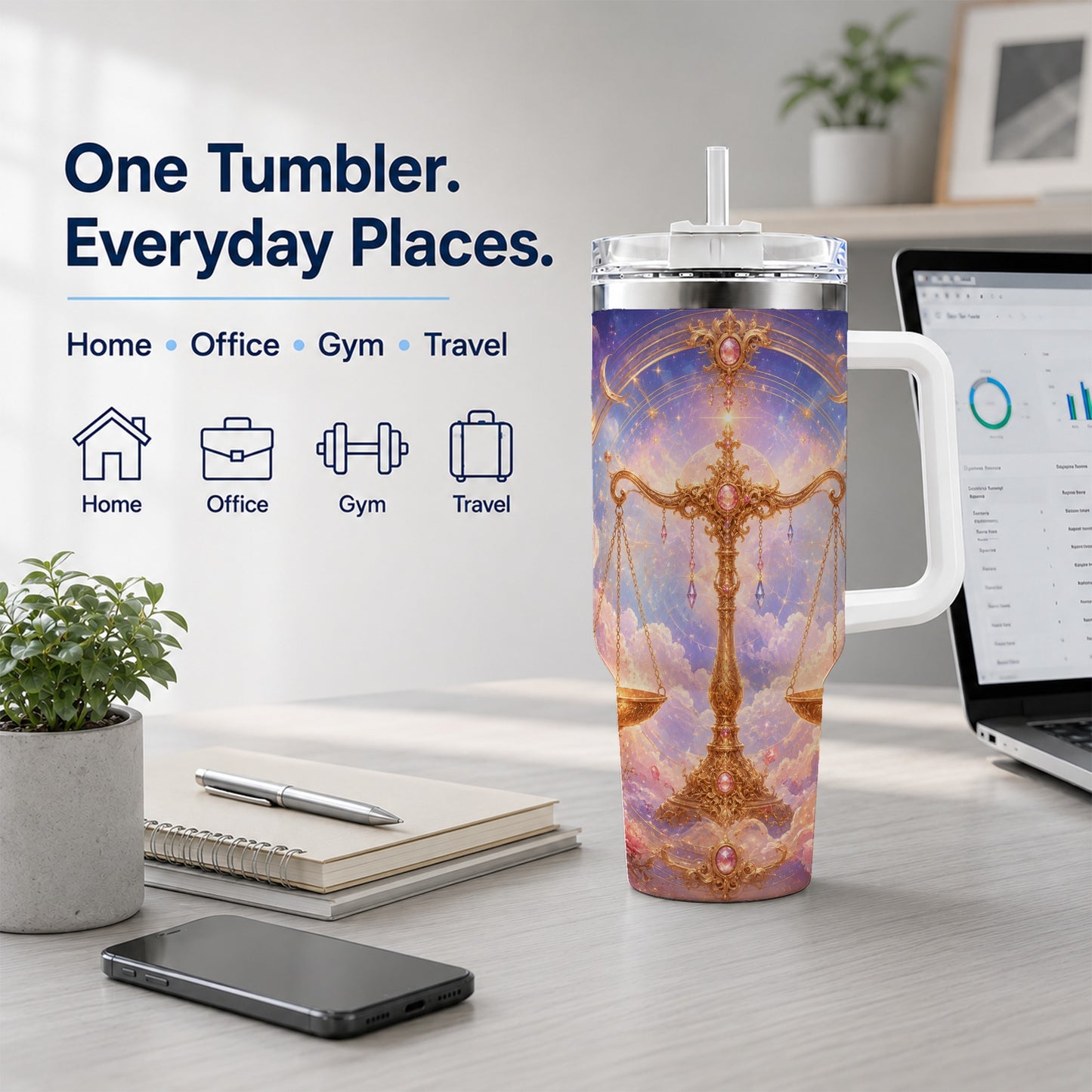 #pl[40oz|White] Libra Zodiac 40oz Tumbler with Handle, Celestial Floral Scales