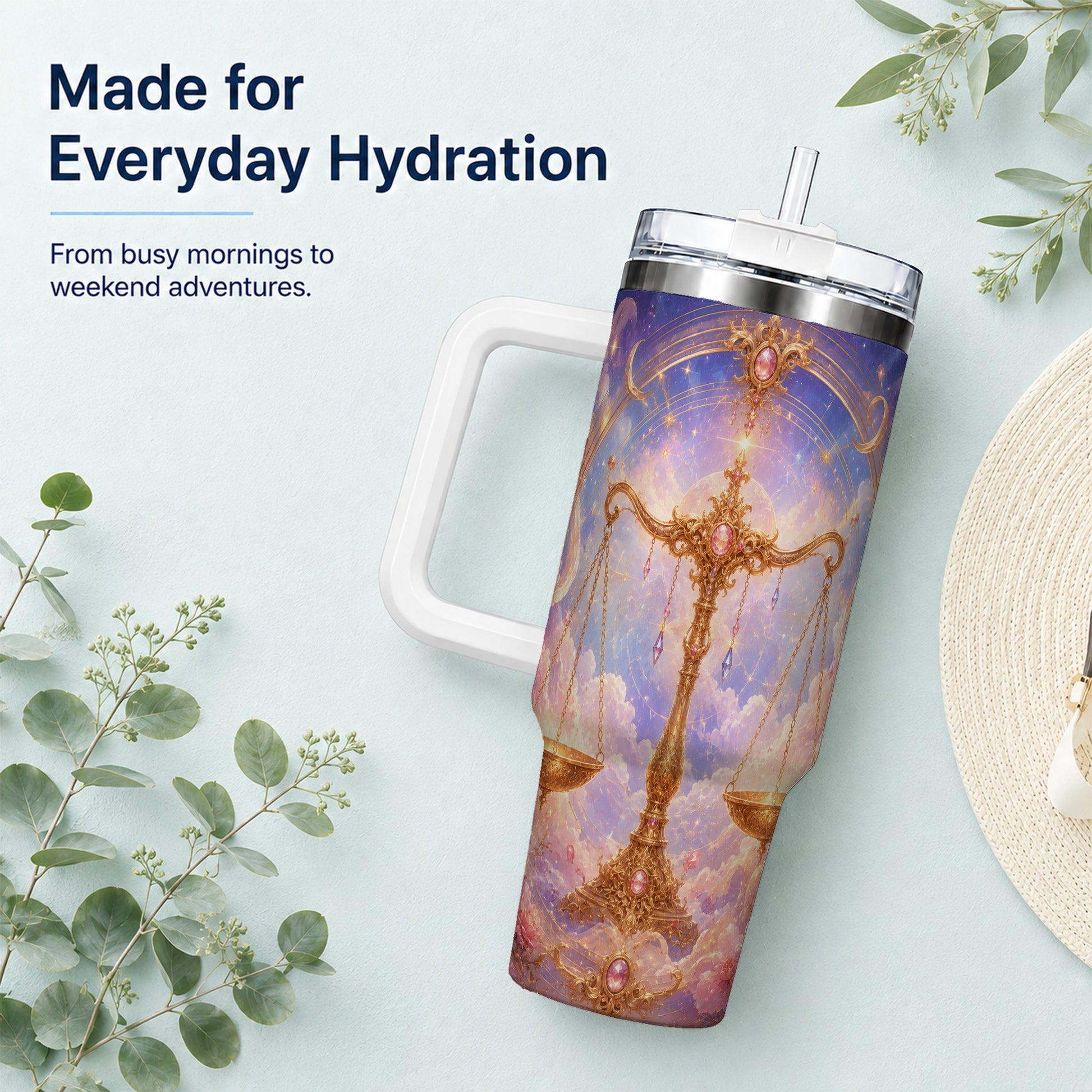 #pl[40oz|White] Libra Zodiac 40oz Tumbler with Handle, Celestial Floral Scales