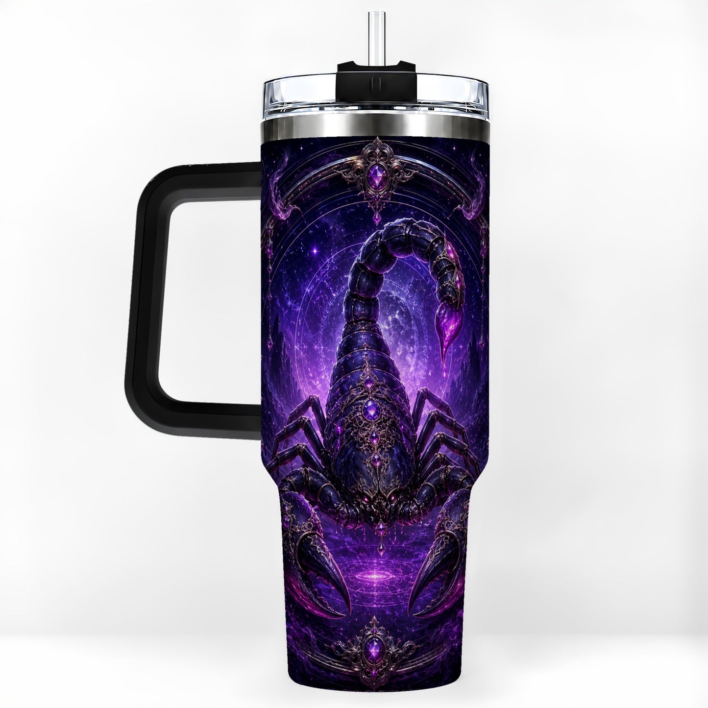 #pl[40oz|Black] Scorpio Zodiac 40oz Tumbler with Handle, Purple Celestial Scorpion