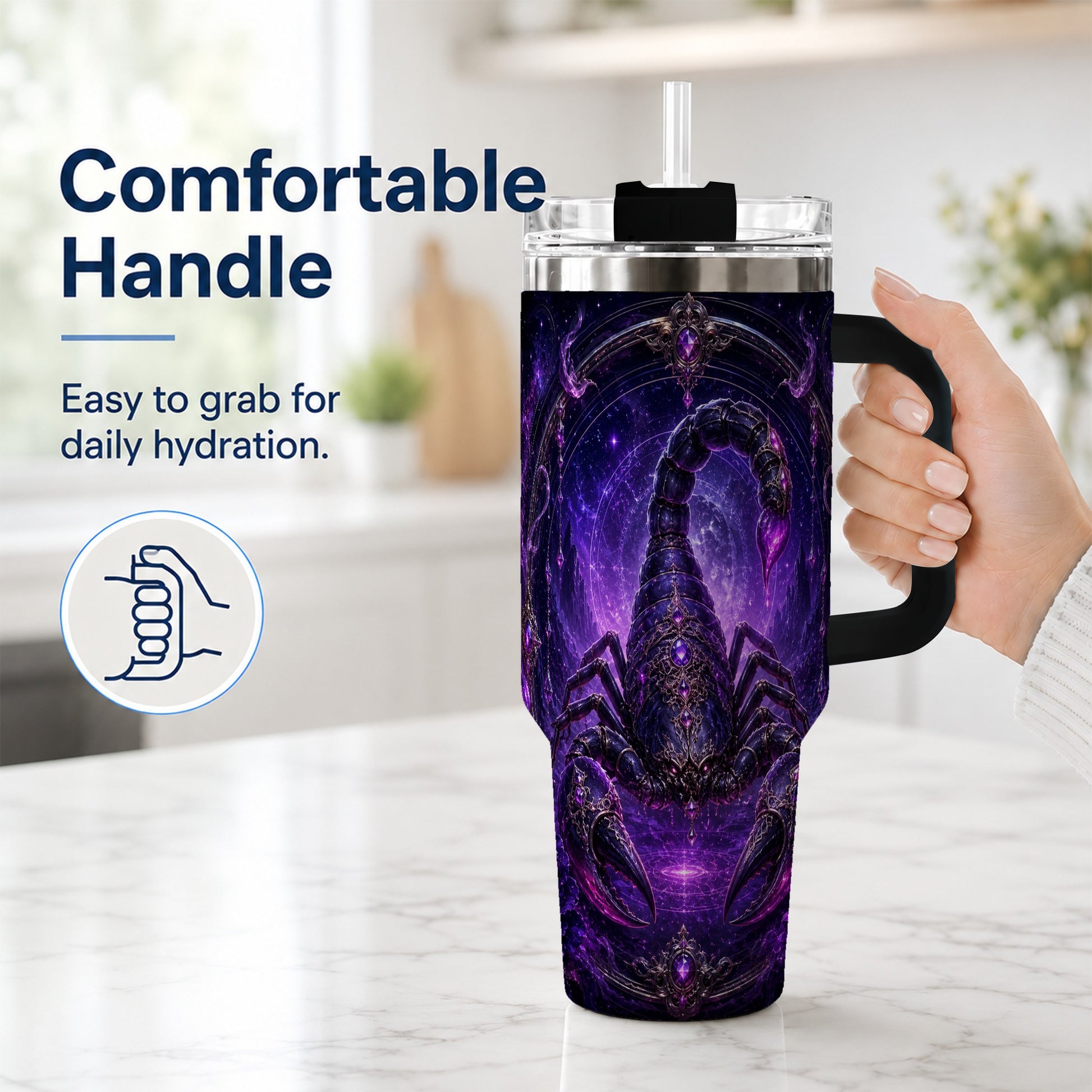 #pl[40oz|Black] Scorpio Zodiac 40oz Tumbler with Handle, Purple Celestial Scorpion